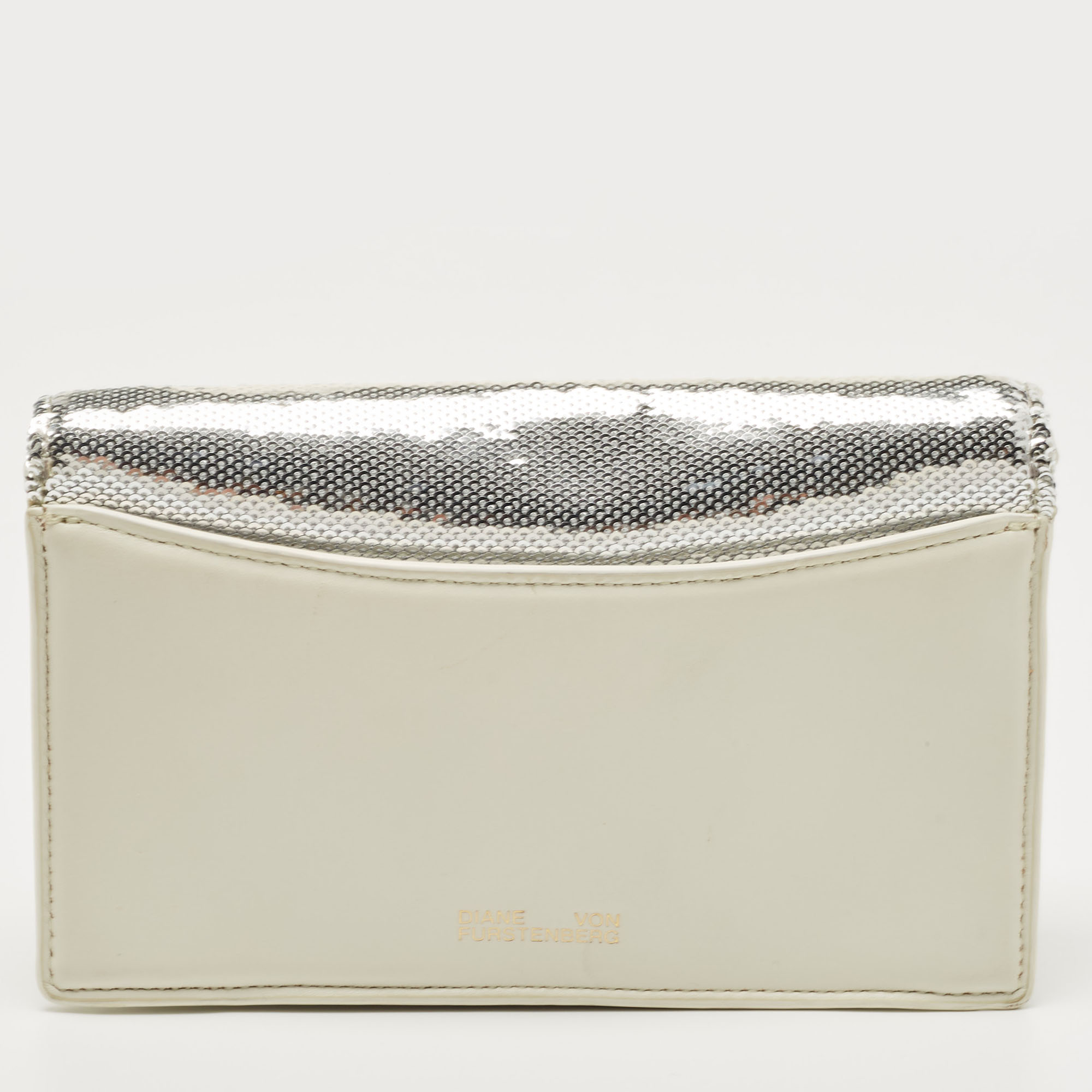 Diane Von Furstenberg Silver/White Sequins And Leather Flap Shoulder Bag