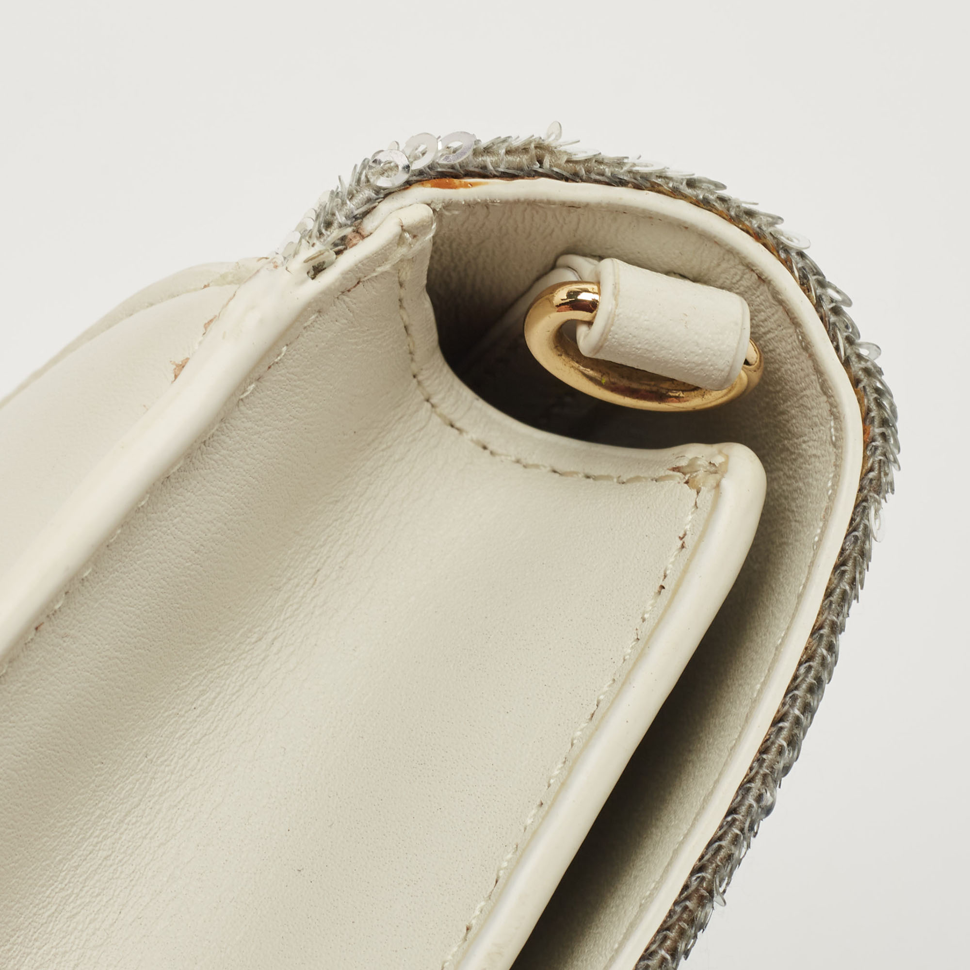 Diane Von Furstenberg Silver/White Sequins And Leather Flap Shoulder Bag