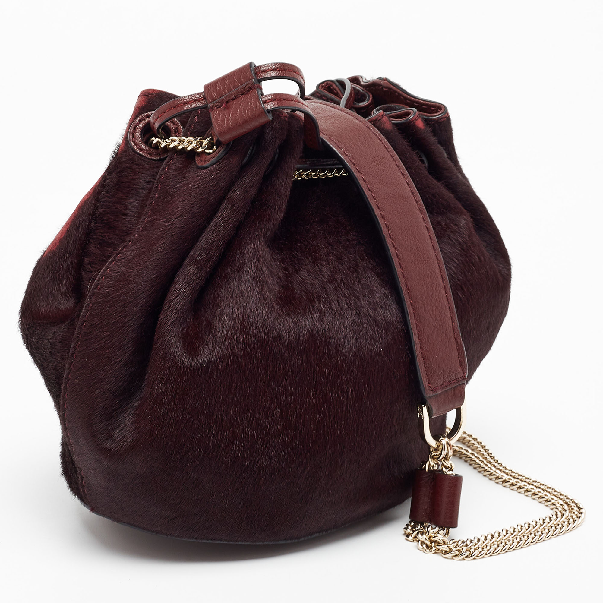 Diane Von Furstenberg Burgundy Calfhair And Leather Mini Love Power Drawstring Bucket Bag