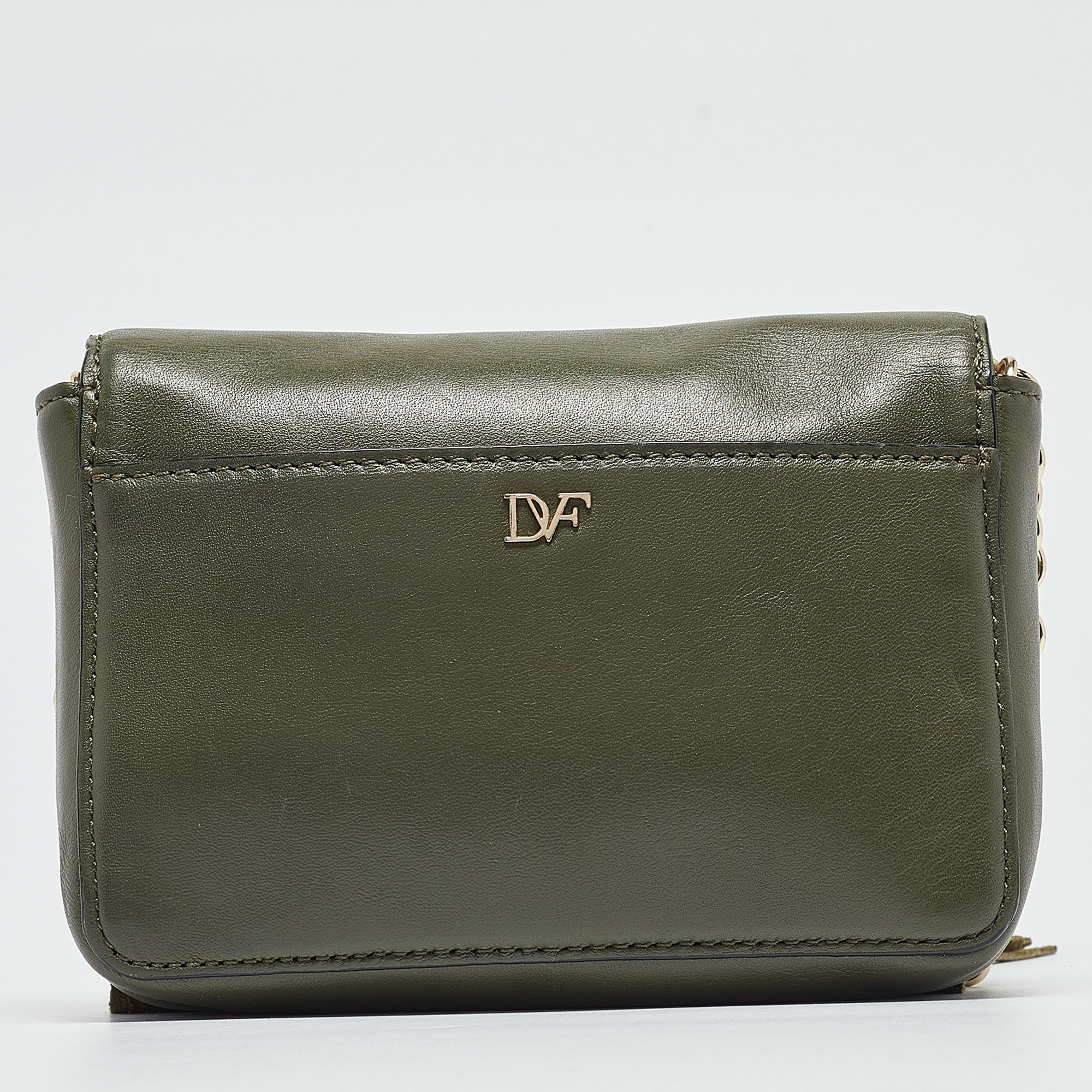 Diane Von Furstenberg Green Leather Fringe Flap Crossbody Bag