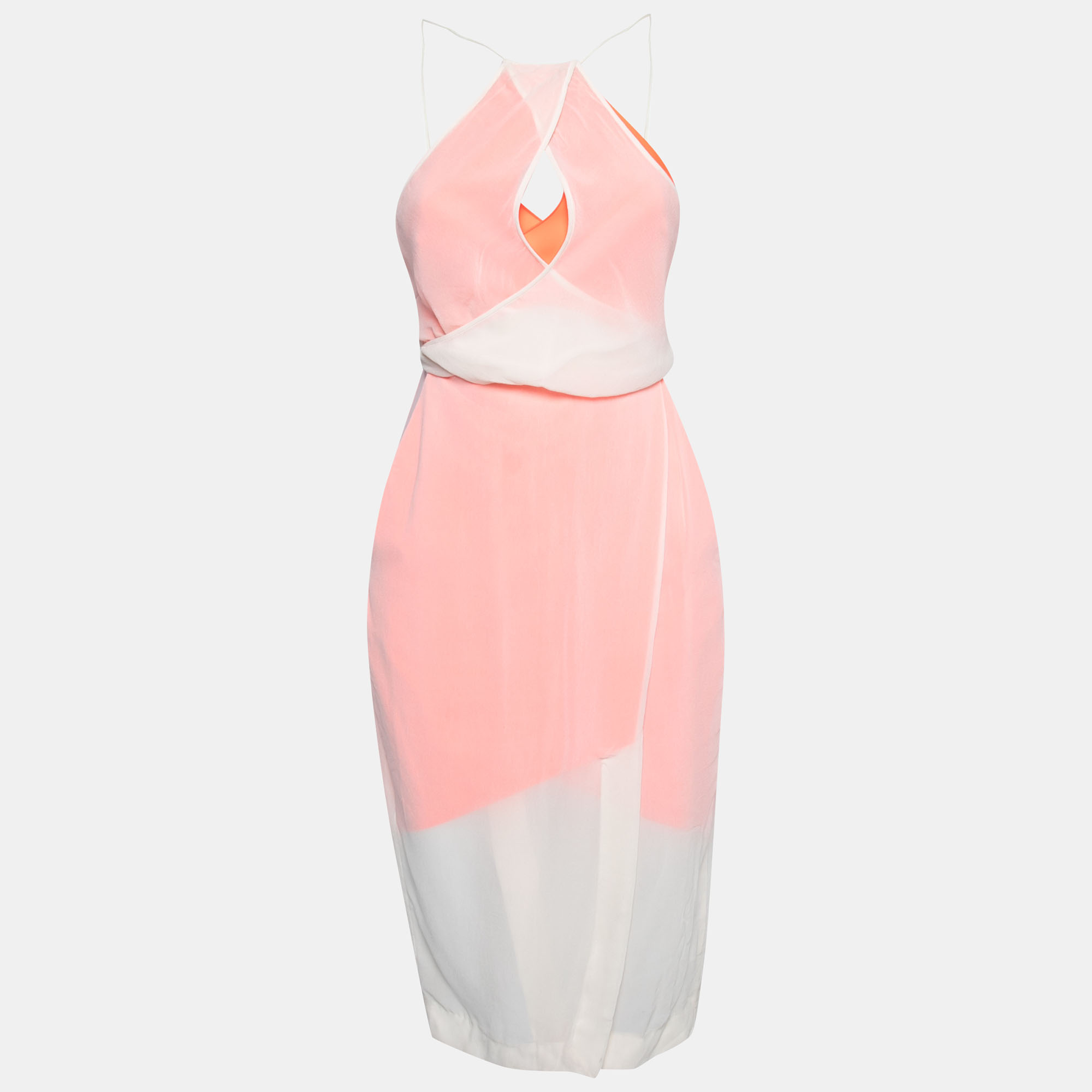 Dion Lee Neon Orange And Cream Sheer Silk Layered Vertigo Halter Dress S