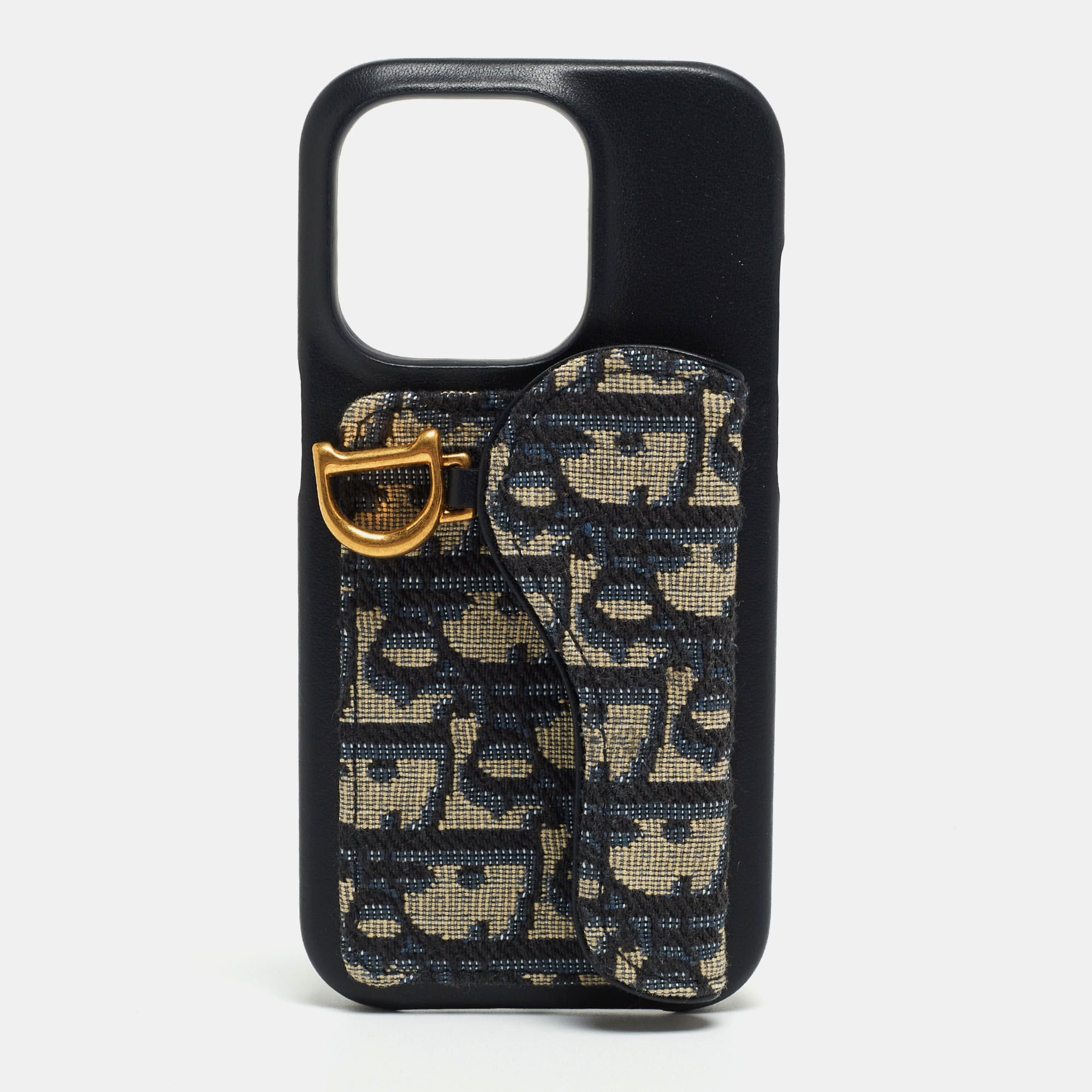 Dior Navy Blue/Beige Oblique Jacquard And Leather Saddle IPhone 14 Pro Case