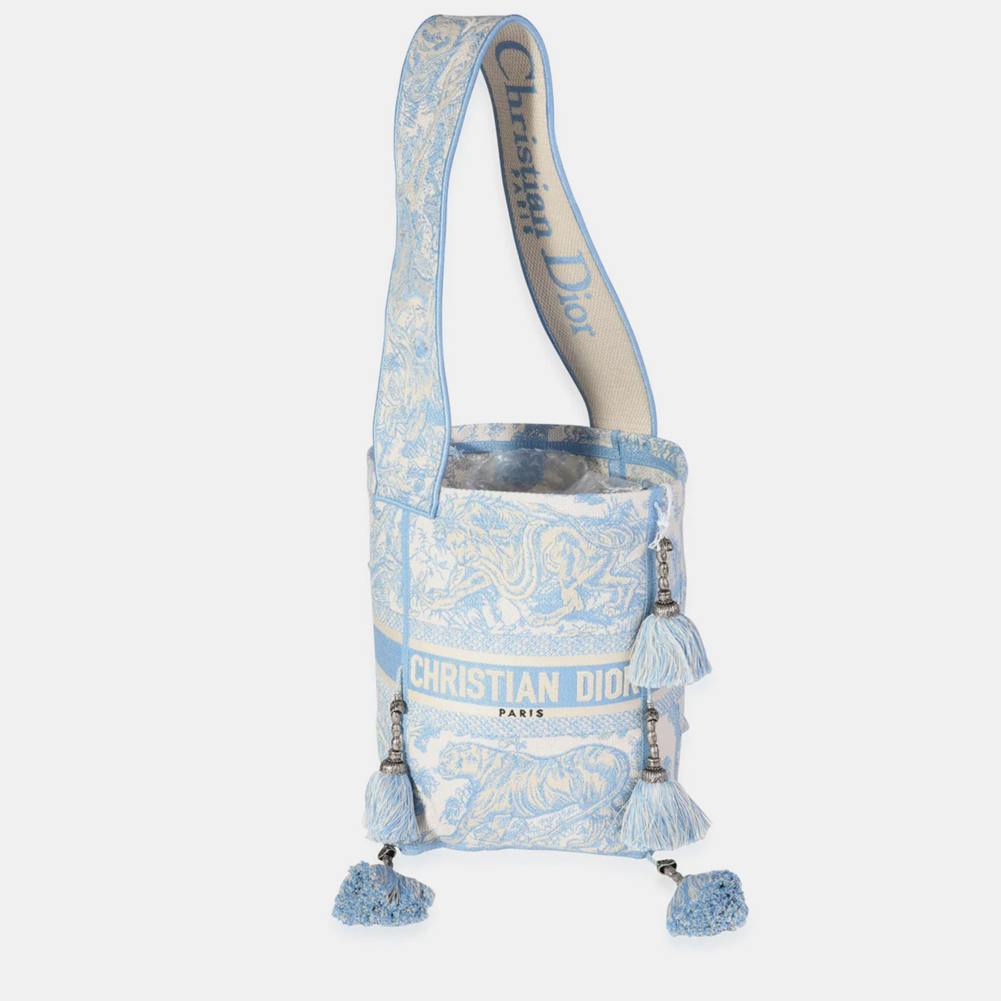 Dior Cornflower Blue Toile De Jouy Embroidery D-Bubble Bucket Bag