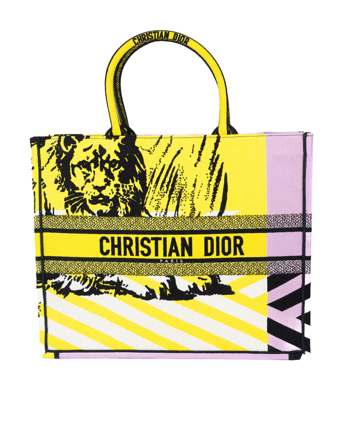 DIOR Bright Yellow And Pink D-Jungle Pop Embroidery LARGE BOOK TOTE