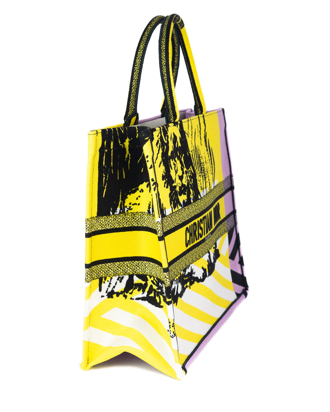 DIOR Bright Yellow And Pink D-Jungle Pop Embroidery LARGE BOOK TOTE