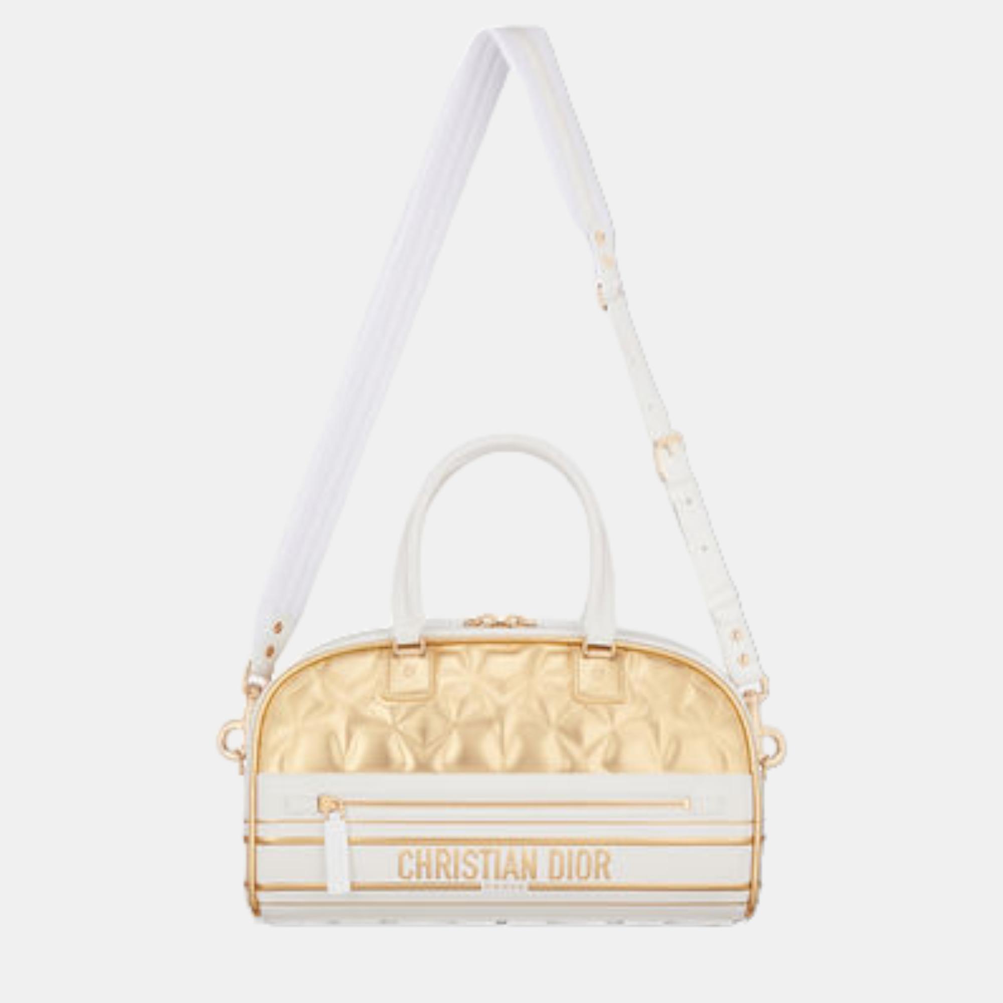 MEDIUM DIOR White And Gold-Tone Padded Dior Toile Calfskin VIBE ZIP BOWLING BAG M6202OOLA01EU