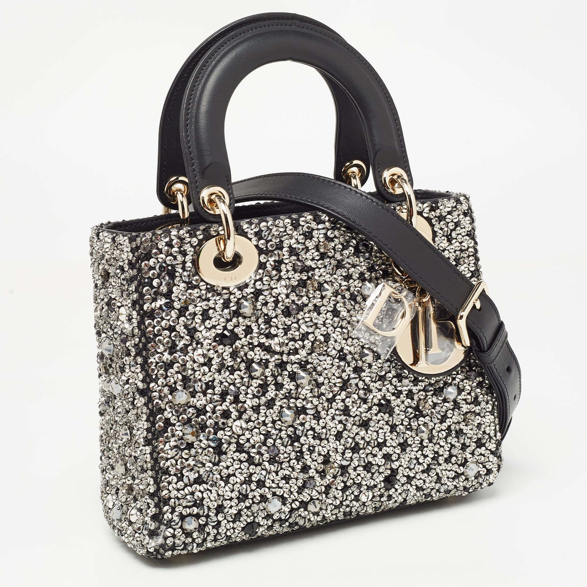 Dior Black Leather Sequins And Crystal Embellished Small Lady Dior Tote