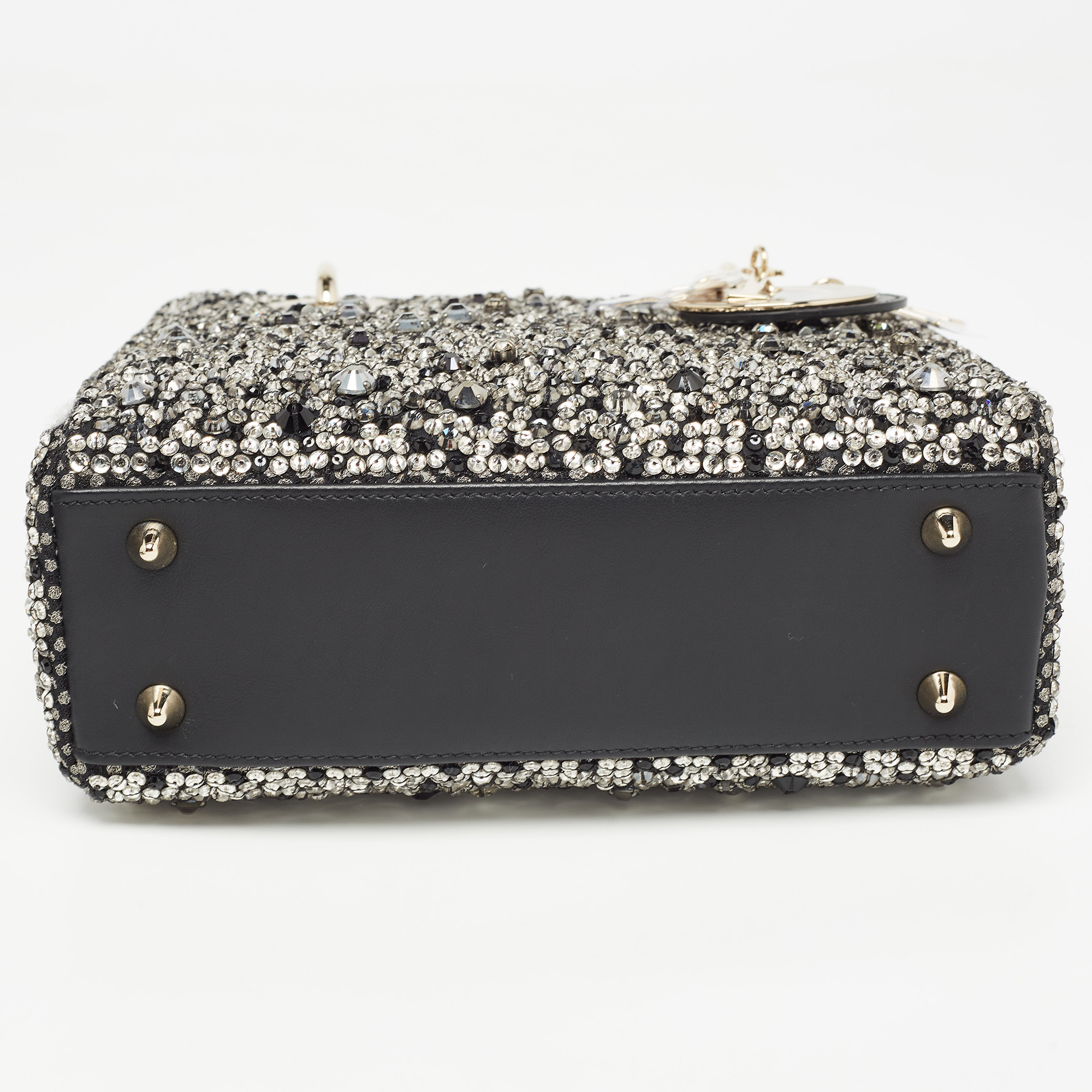 Dior Black Leather Sequins And Crystal Embellished Small Lady Dior Tote