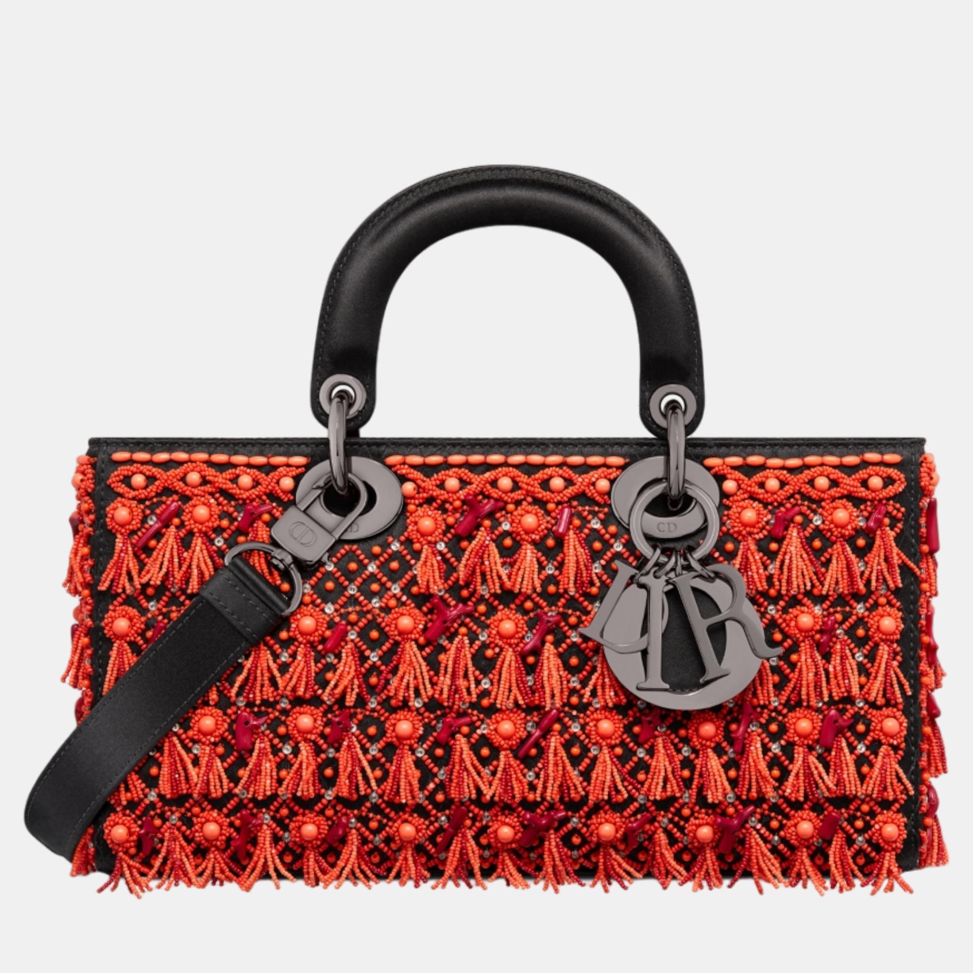 Christian dior orange satin embroidered medium lady d-joy bag