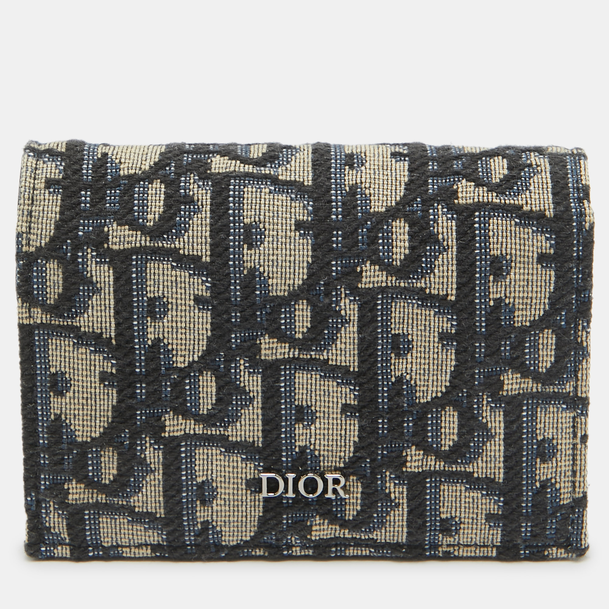 Dior navy blue/black oblique canvas and leather flap card case
