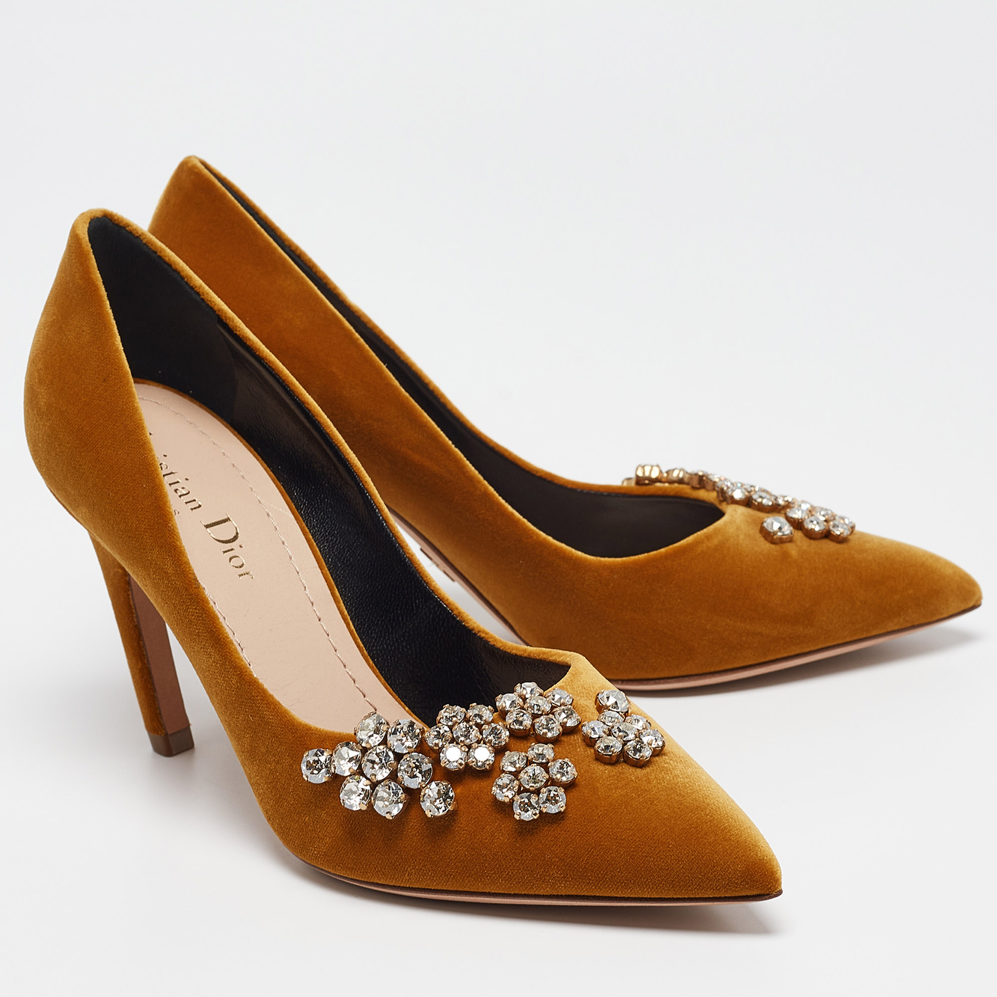 Dior Mustard Yellow Velvet Crystal Embellished Pumps Size 36