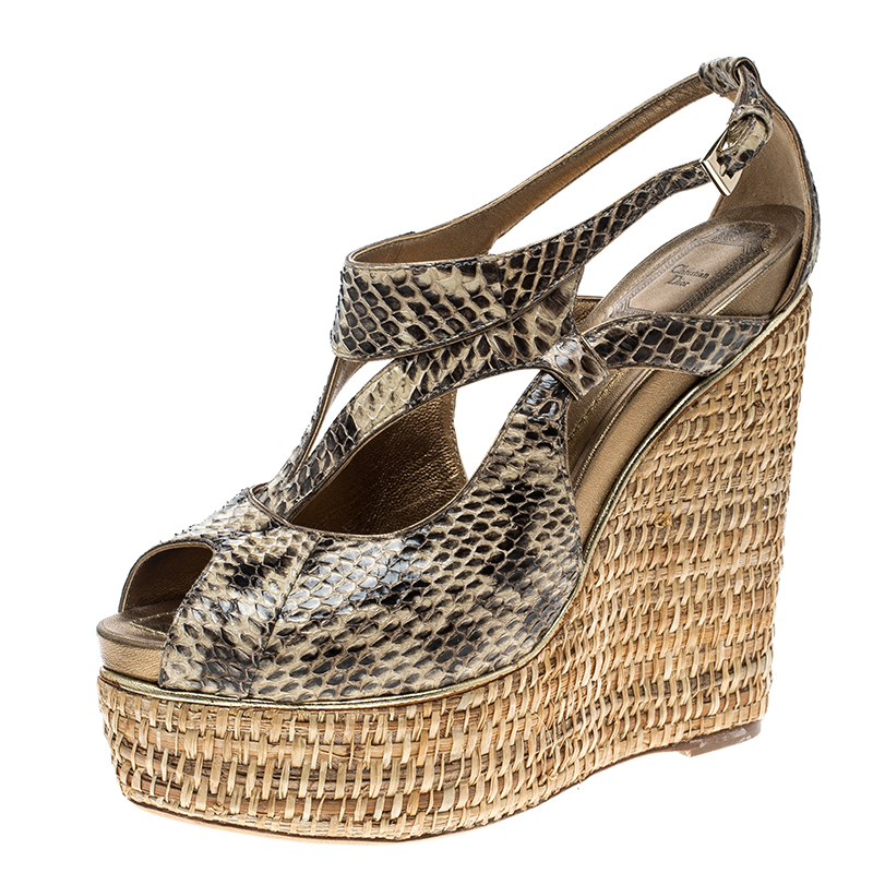 Image of Dior Beige Python Leather Eden Peep Toe Ankle Strap Straw Wedge Sandals Size