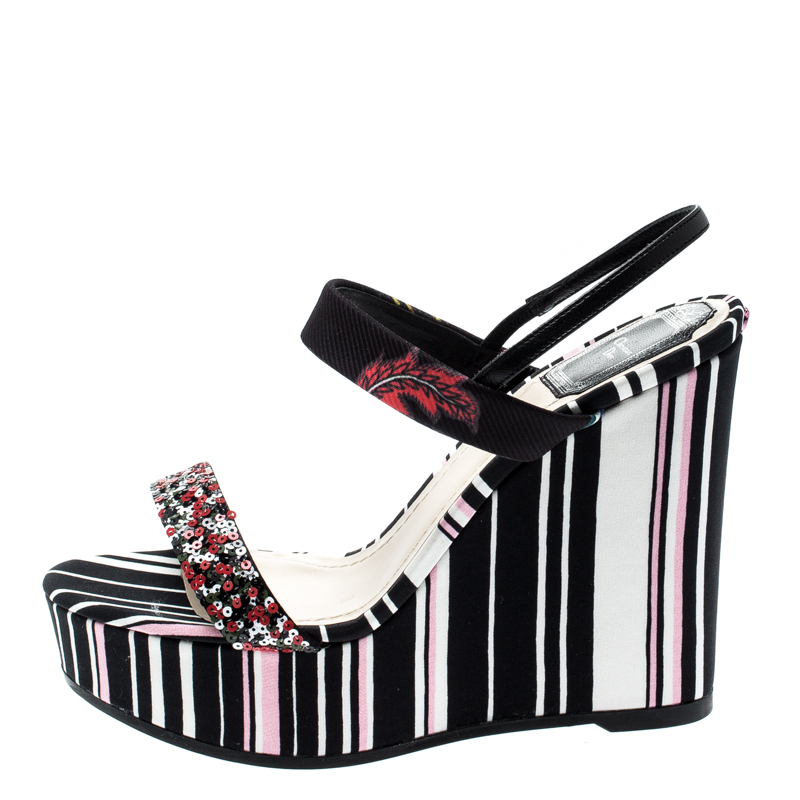 Dior Multicolor Stripes Printed Satin Sequins Embellished Ankle Strap Wedge Sandals Size
Dior Multicolor Stripes Printed Satin Sequins Embellished Ankle Strap Wedge Sandals Size