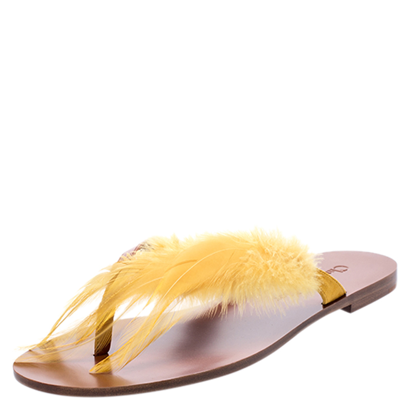 Image of Christian Dior Brown Leather And Yellow Ethnie Feather Thong Flats Size