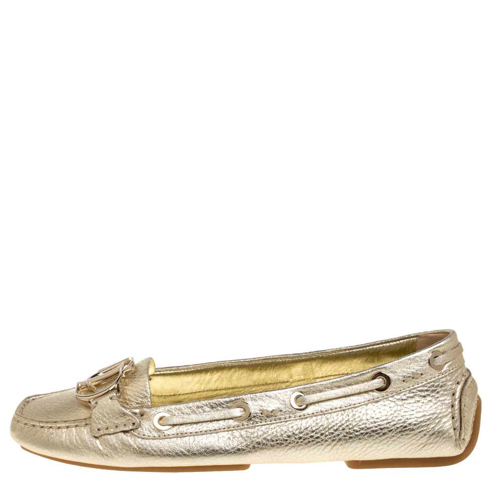 

Christian Dior Metallic Gold Leather CD Logo Loafers Size
