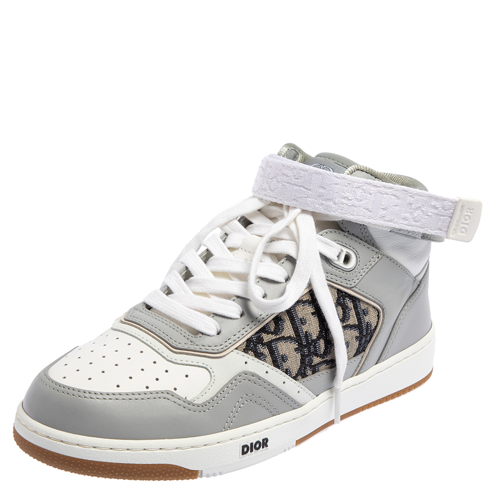 Dior Grey/White Leather And Jacquard B27 High Top Sneakers Size 40