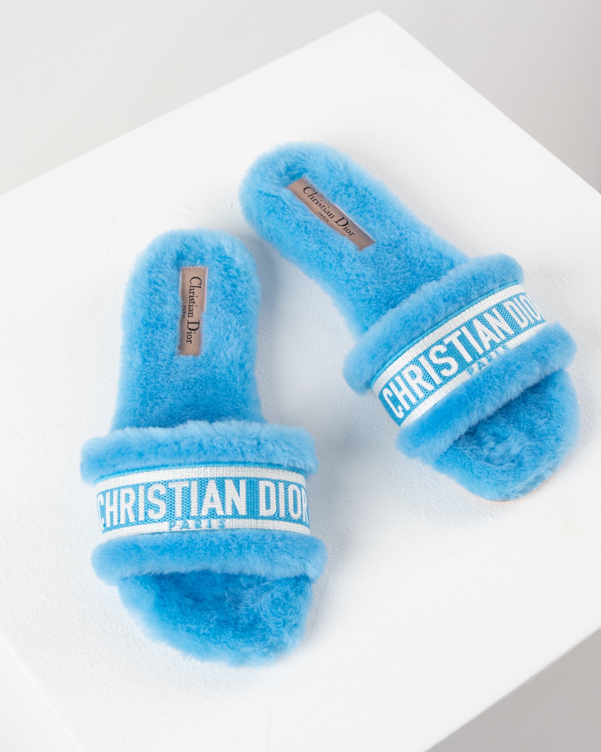 DIOR Bright Blue Embroidered Cotton And Shearling CHEZ MOI SLIDE KDQ708ESK17N38