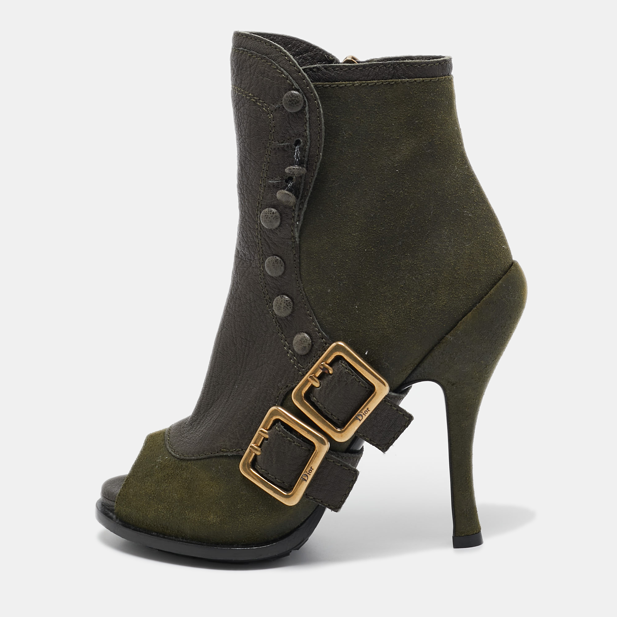 Dior Green Suede And Leather Peep Toe Ankle Boots Size 35.5