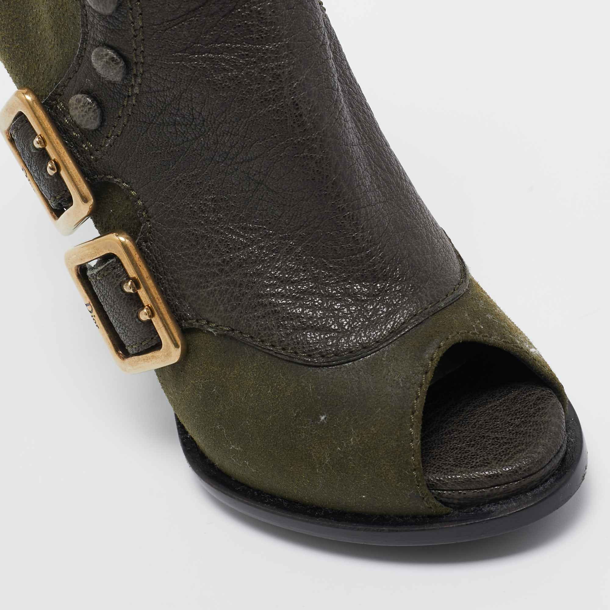 Dior Green Suede And Leather Peep Toe Ankle Boots Size 35.5