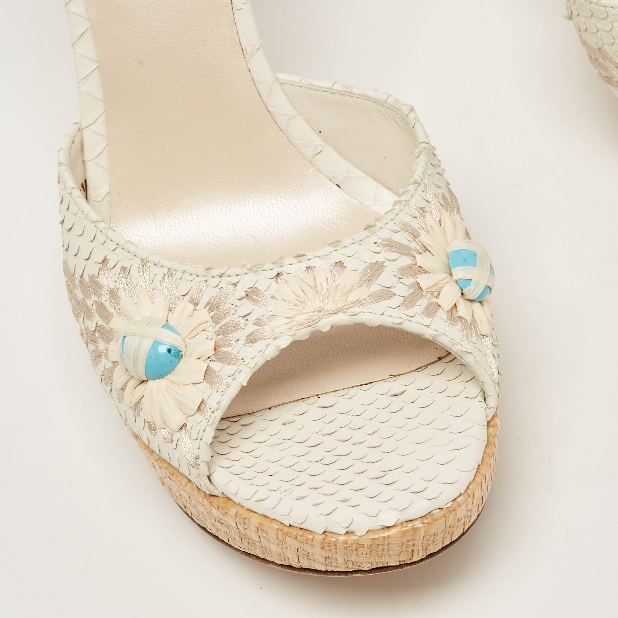 Dior White Python Floral Embroidered Raffia Platform Ankle Strap Sandals Size 38.5