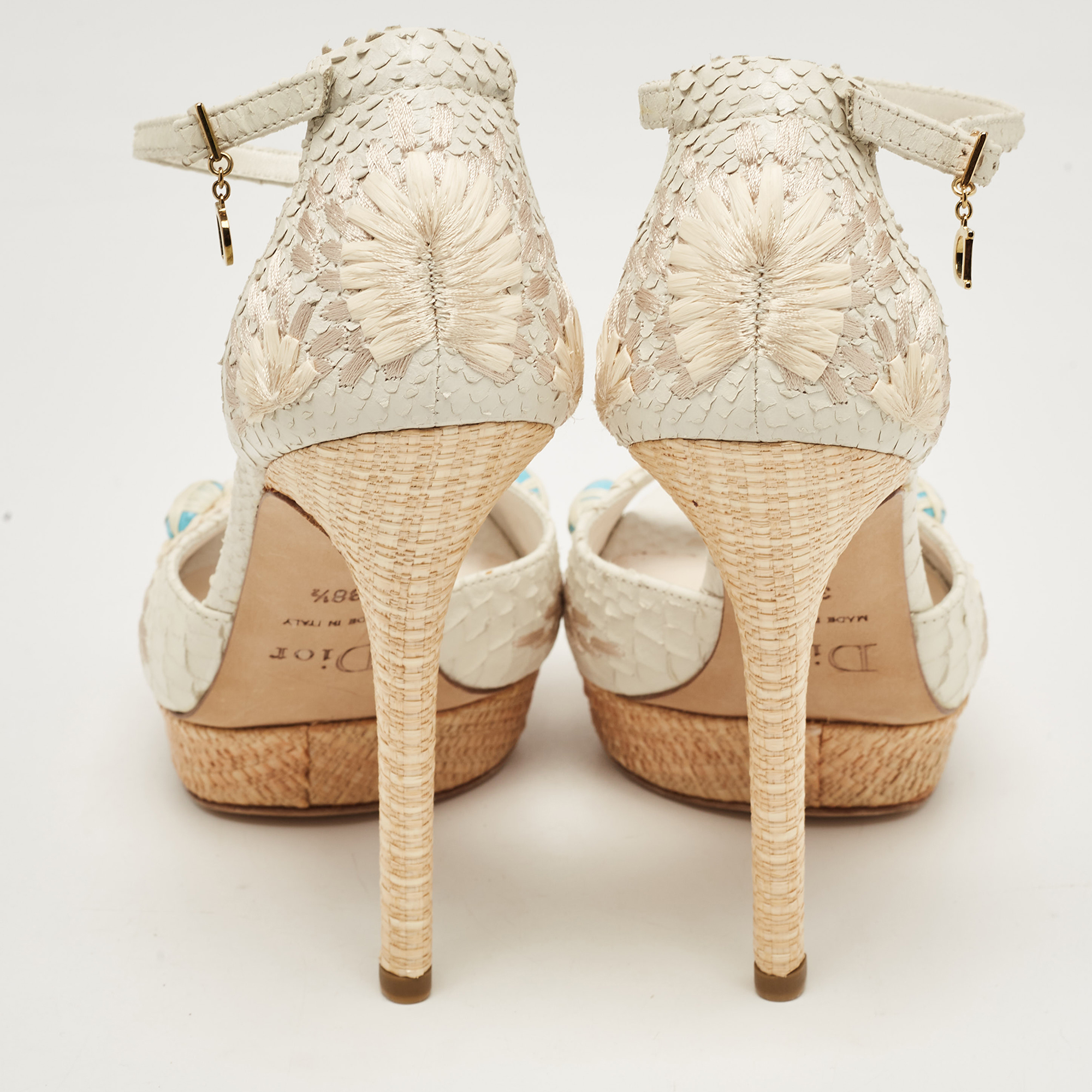 Dior White Python Floral Embroidered Raffia Platform Ankle Strap Sandals Size 38.5