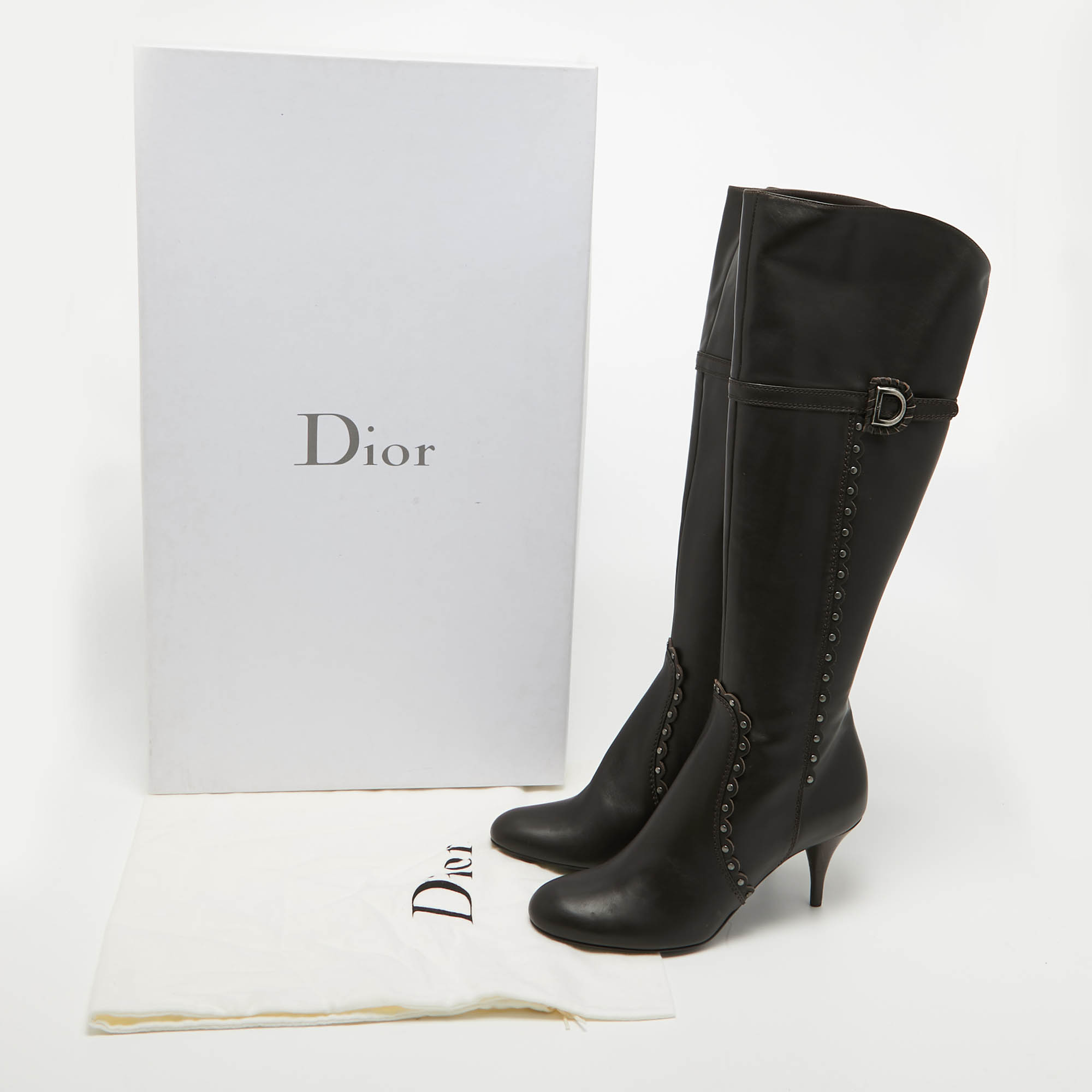 Dior Brown Leather Embellished Knee Length Boots Size 39.5