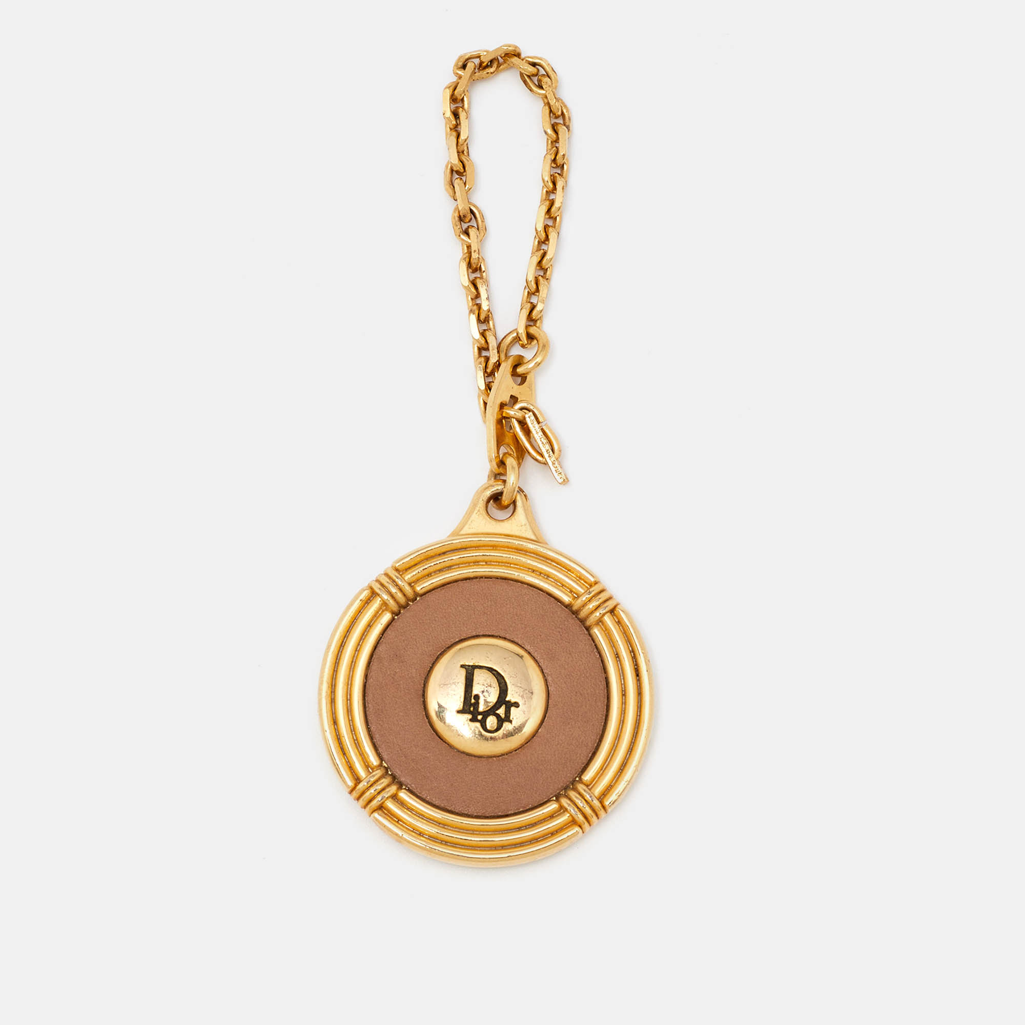 Dior Brown Leather Gold Tone Keychain