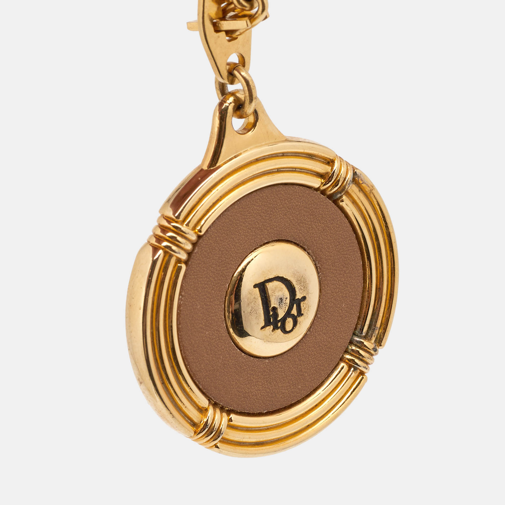 Dior Brown Leather Gold Tone Keychain