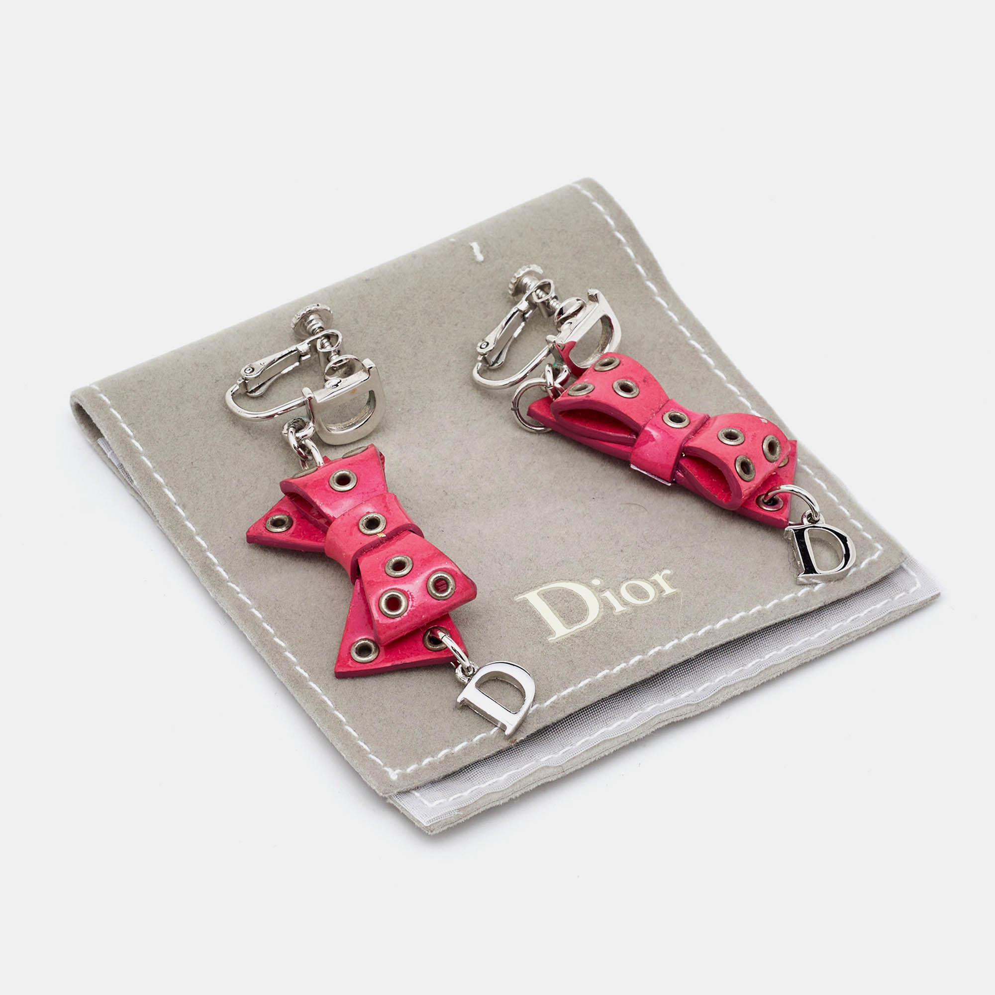 Dior Pink Bow Patent Leather Drop Earrings