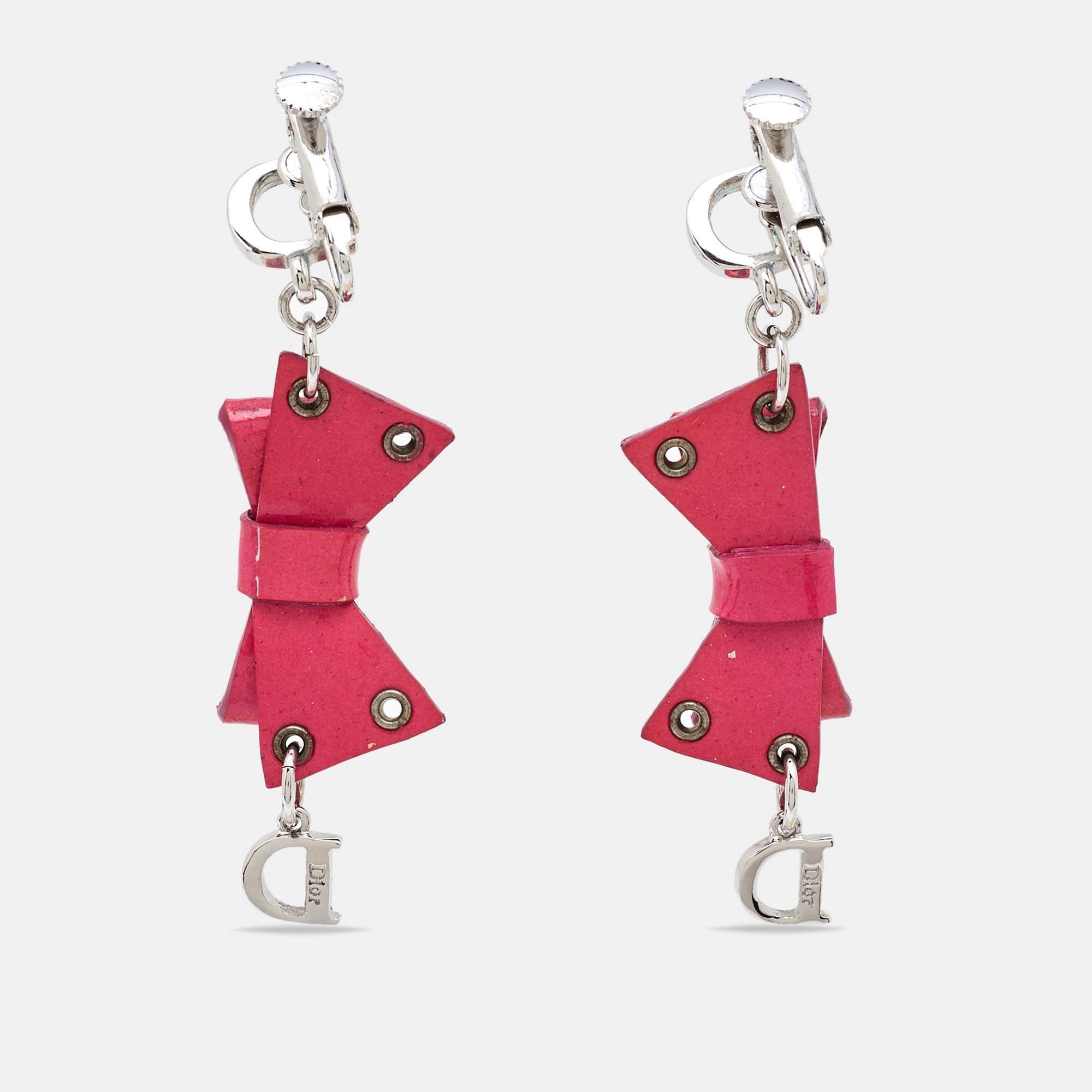 Dior Pink Bow Patent Leather Drop Earrings