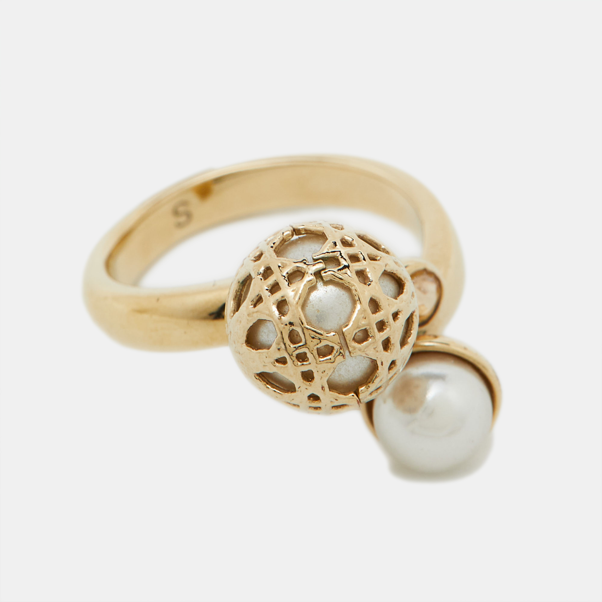 Dior Secret Cannage Faux Pearl Crystal Gold Tone Open Ring Size 49