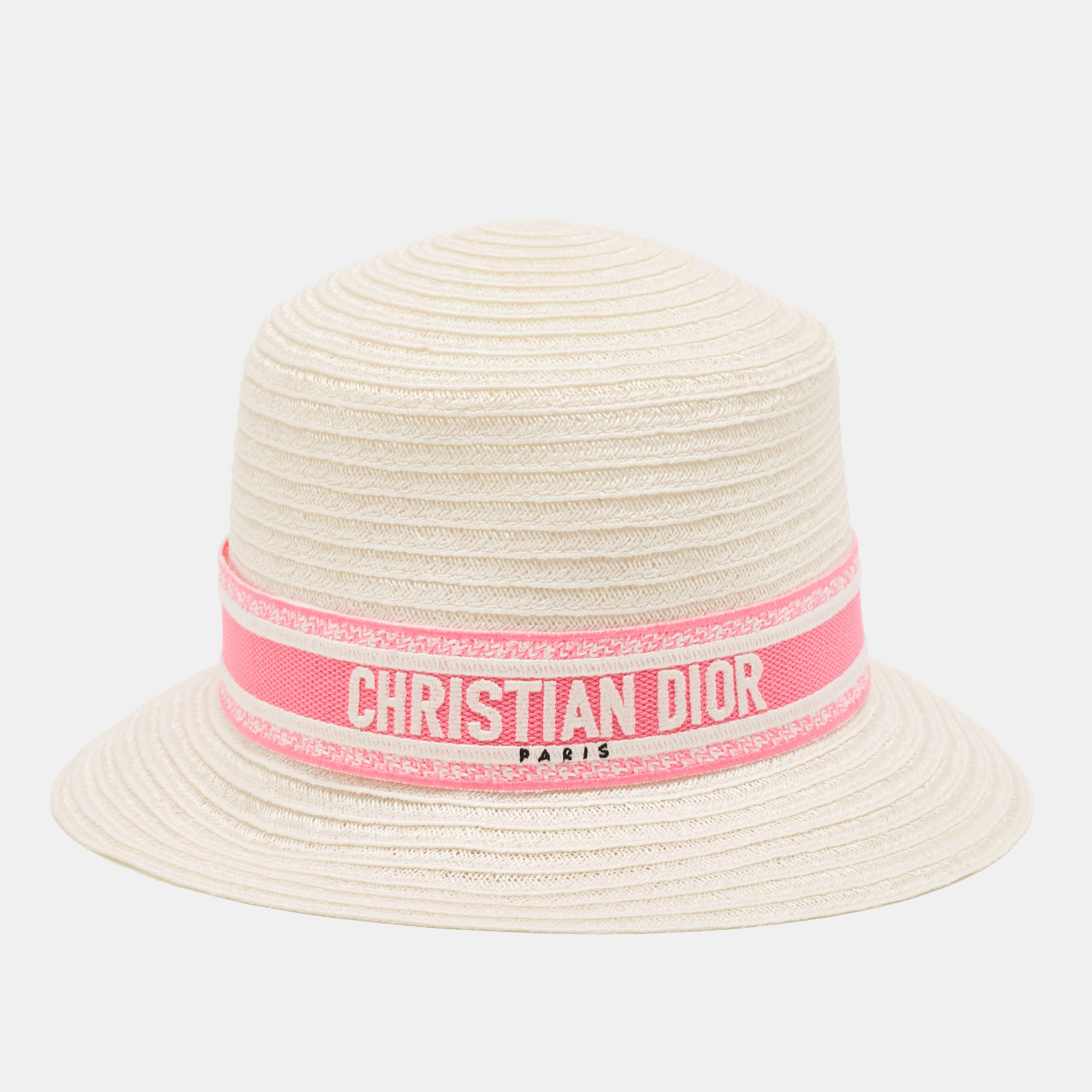 Dior Ivory/Pink Logo Detail Hemp Straw Dioresort Hat Size 58