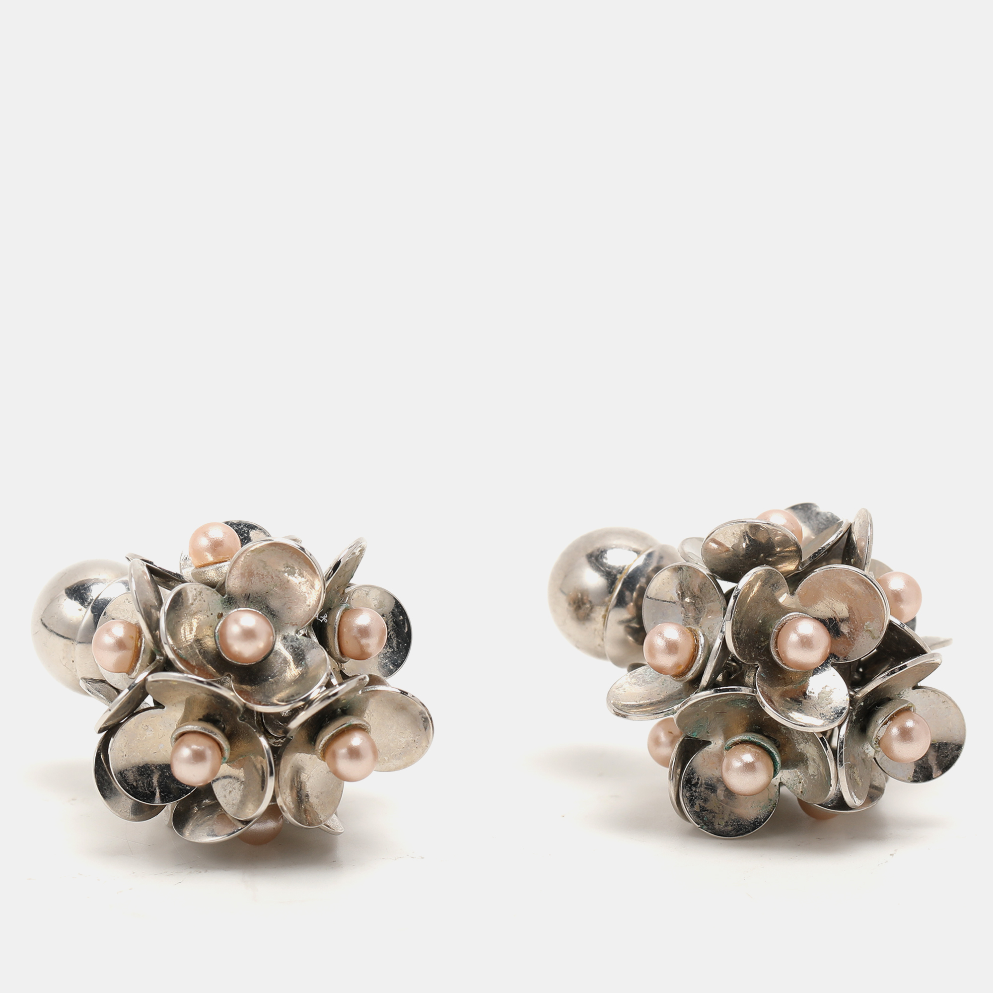 Dior Silver Tone Metal Pearl Embellished Tribal Flower Petals Earrings