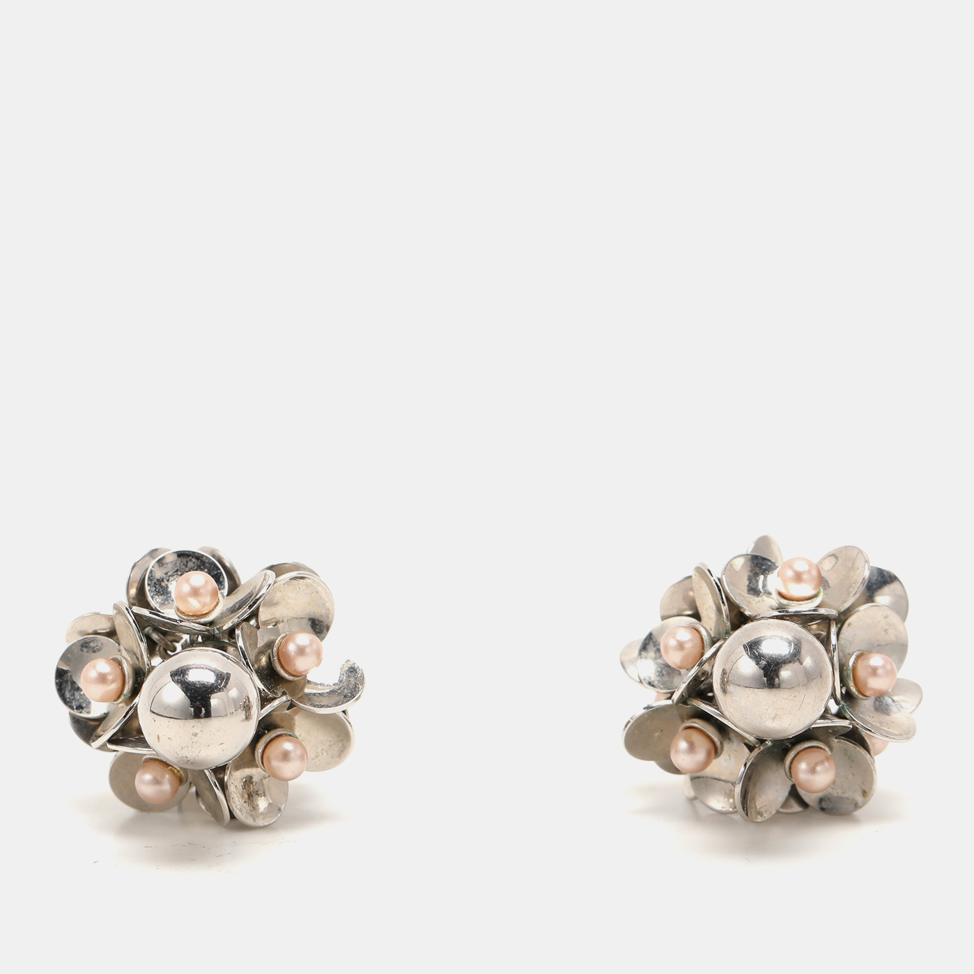 Dior Silver Tone Metal Pearl Embellished Tribal Flower Petals Earrings