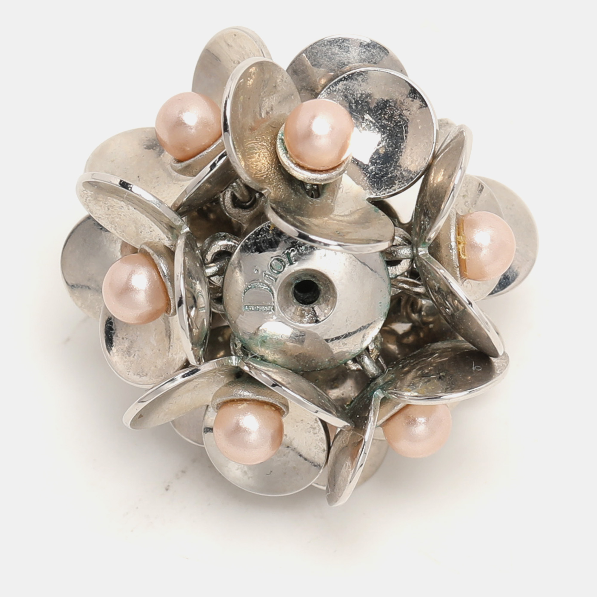 Dior Silver Tone Metal Pearl Embellished Tribal Flower Petals Earrings