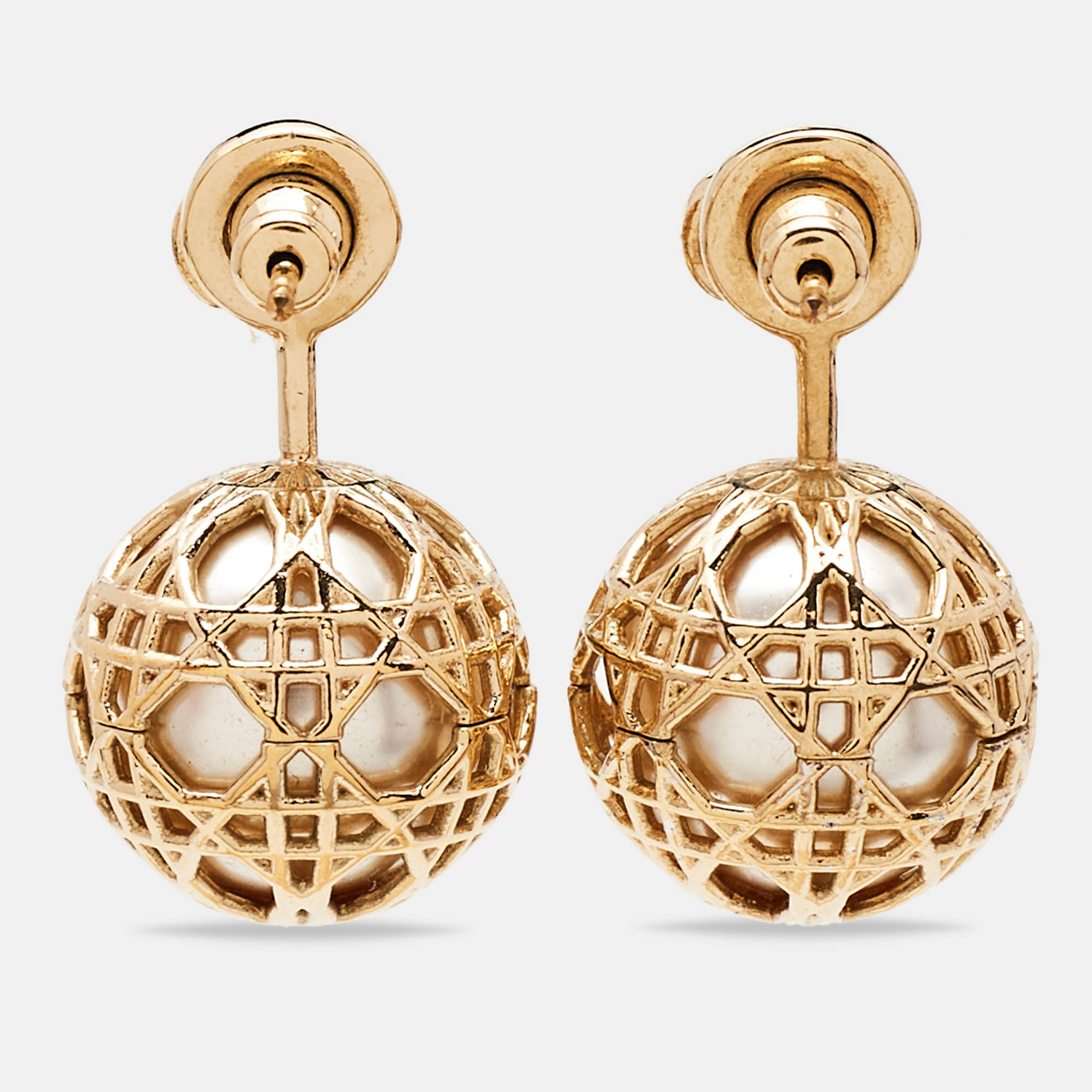 Dior Secret Cannage Faux Pearl Gold Tone Drop Earrings