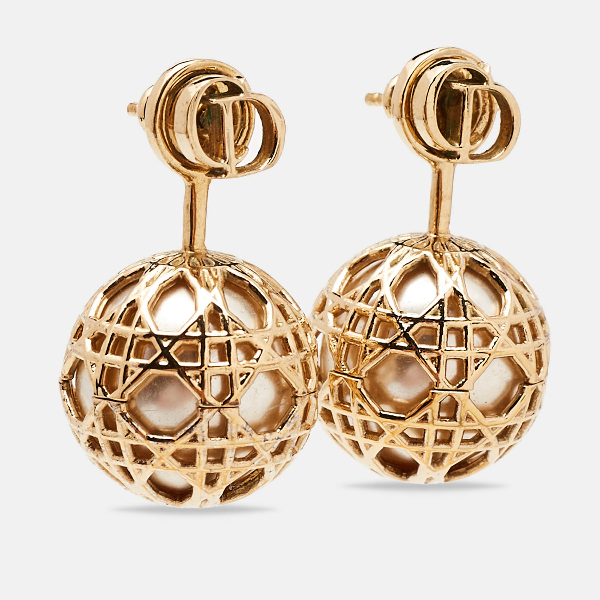 Dior Secret Cannage Faux Pearl Gold Tone Drop Earrings