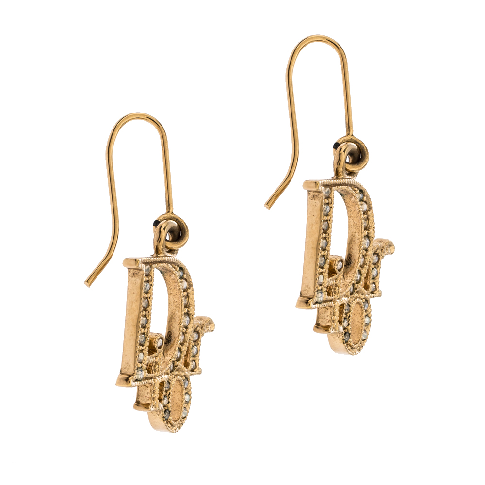 

Dior Gold Tone Crystal Embellished Logo Hoop Earrings