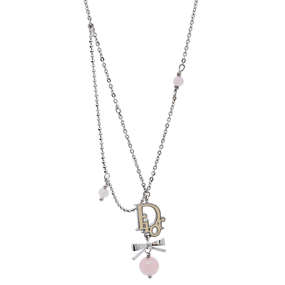 Dior Silver Tone Beads Logo Bow Pendant Necklace