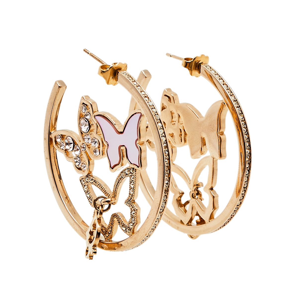 Dior Pink Mother of Pearl Butterfly Crystal Gold Tone Hoop Earrings
Dior Pink Mother of Pearl Butterfly Crystal Gold Tone Hoop Earrings