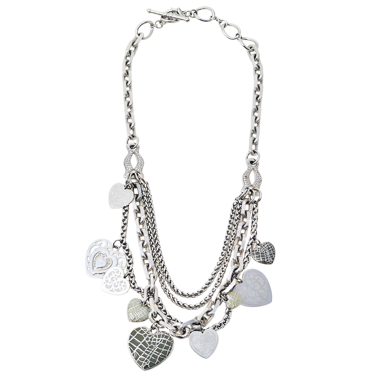 Dior Silver Tone Multi Strand Heart Charm Necklace