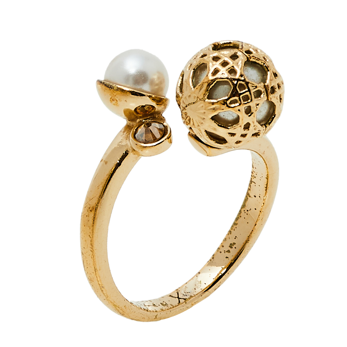 Dior Secret Cannage Faux Pearl Crystal Gold Tone Open Ring Size 56