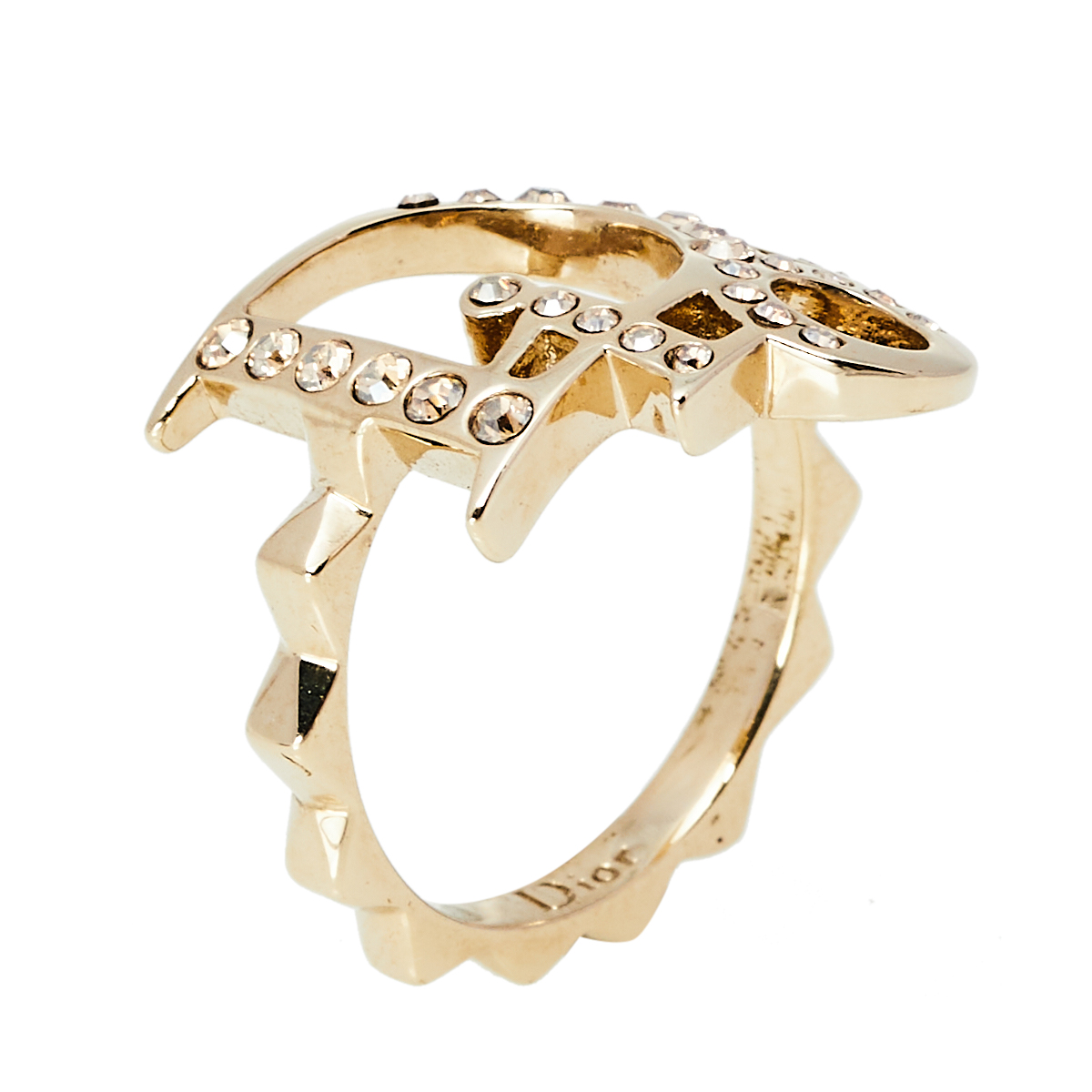 Dior Gold Tone Crystal Embedded Logo Ring Size EU 50