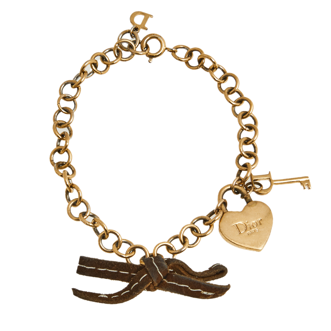 Dior Gold Tone Heart Lock & Key Charm Bracelet