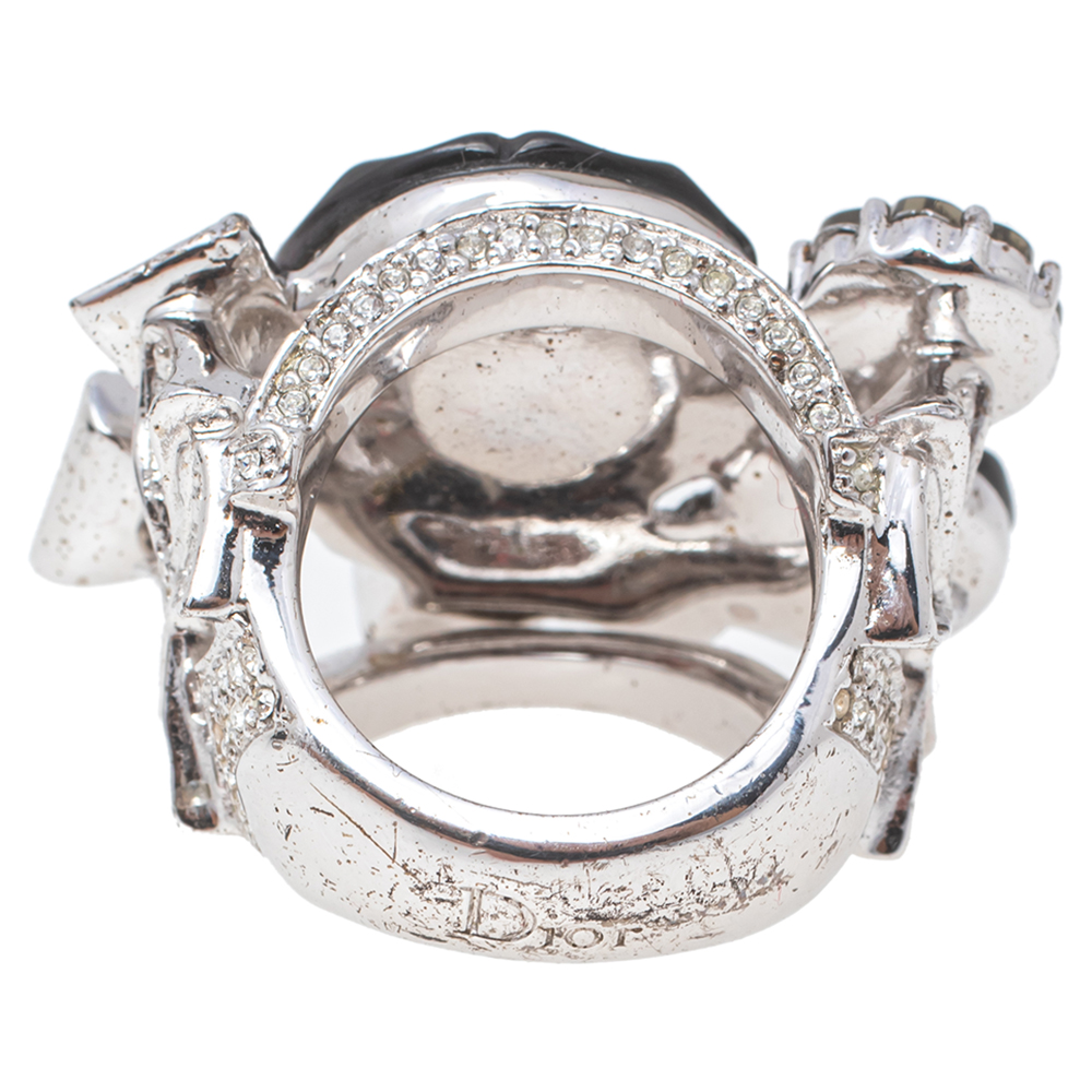 Dior Silver Tone Crystal Bow Detail Cocktail Ring Size 54