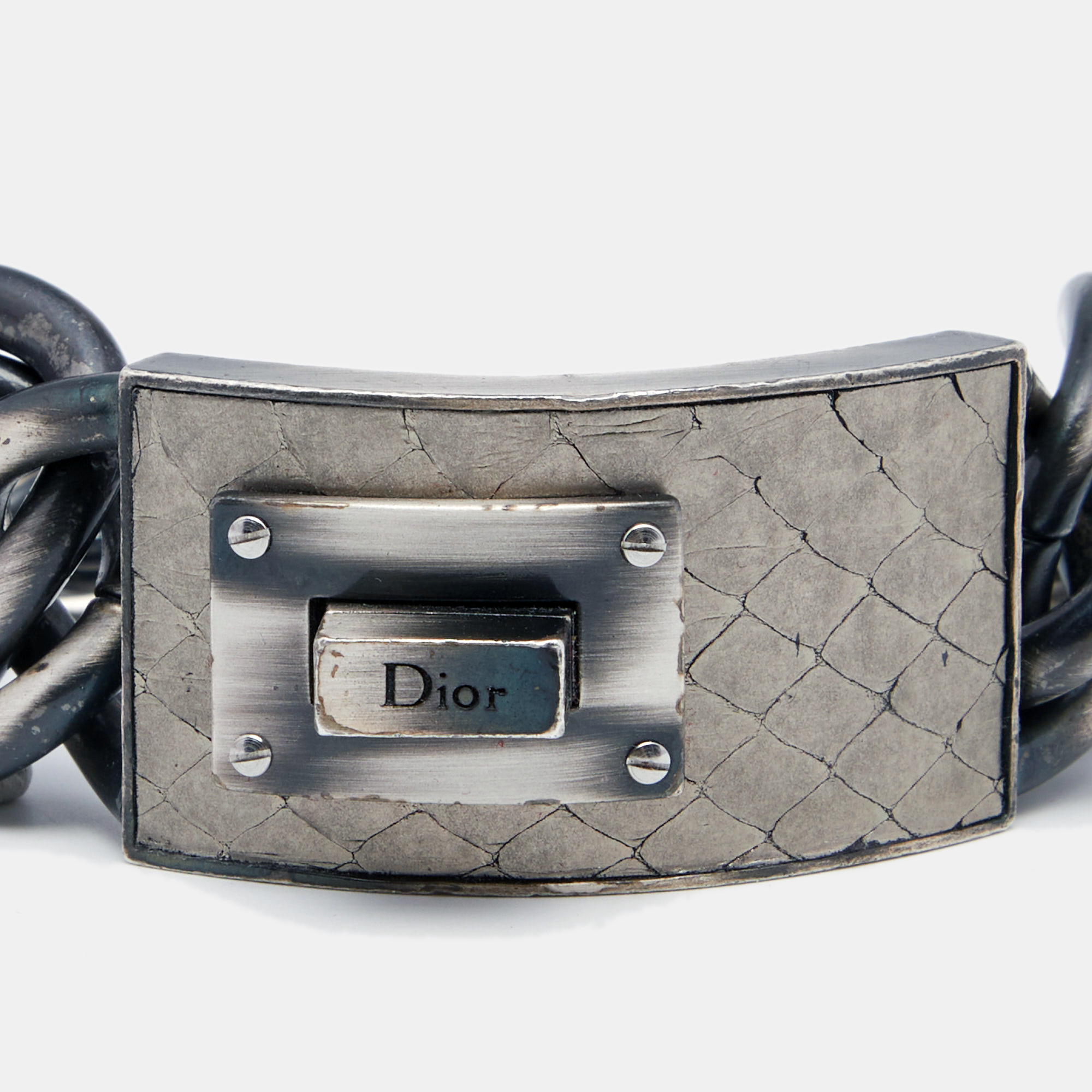 Dior Aged Silver Tone Leather Plaque Chunky Chain Link Bracelet