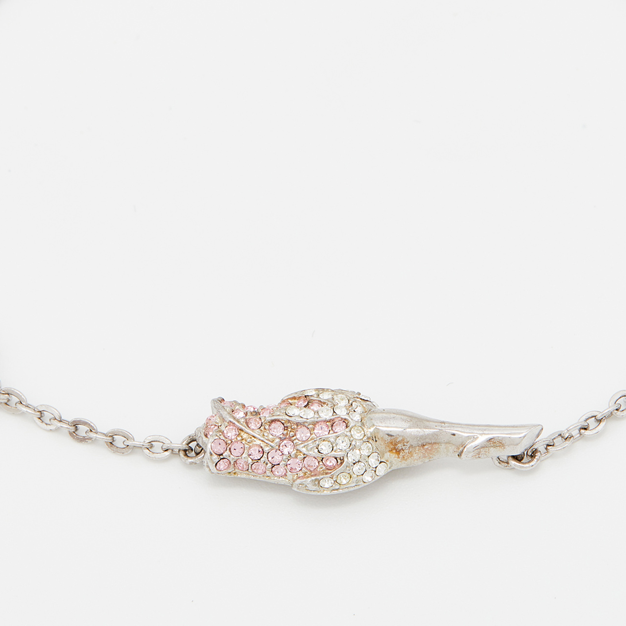 Dior Silver Tone Crystal Studded Rose Chain Necklace