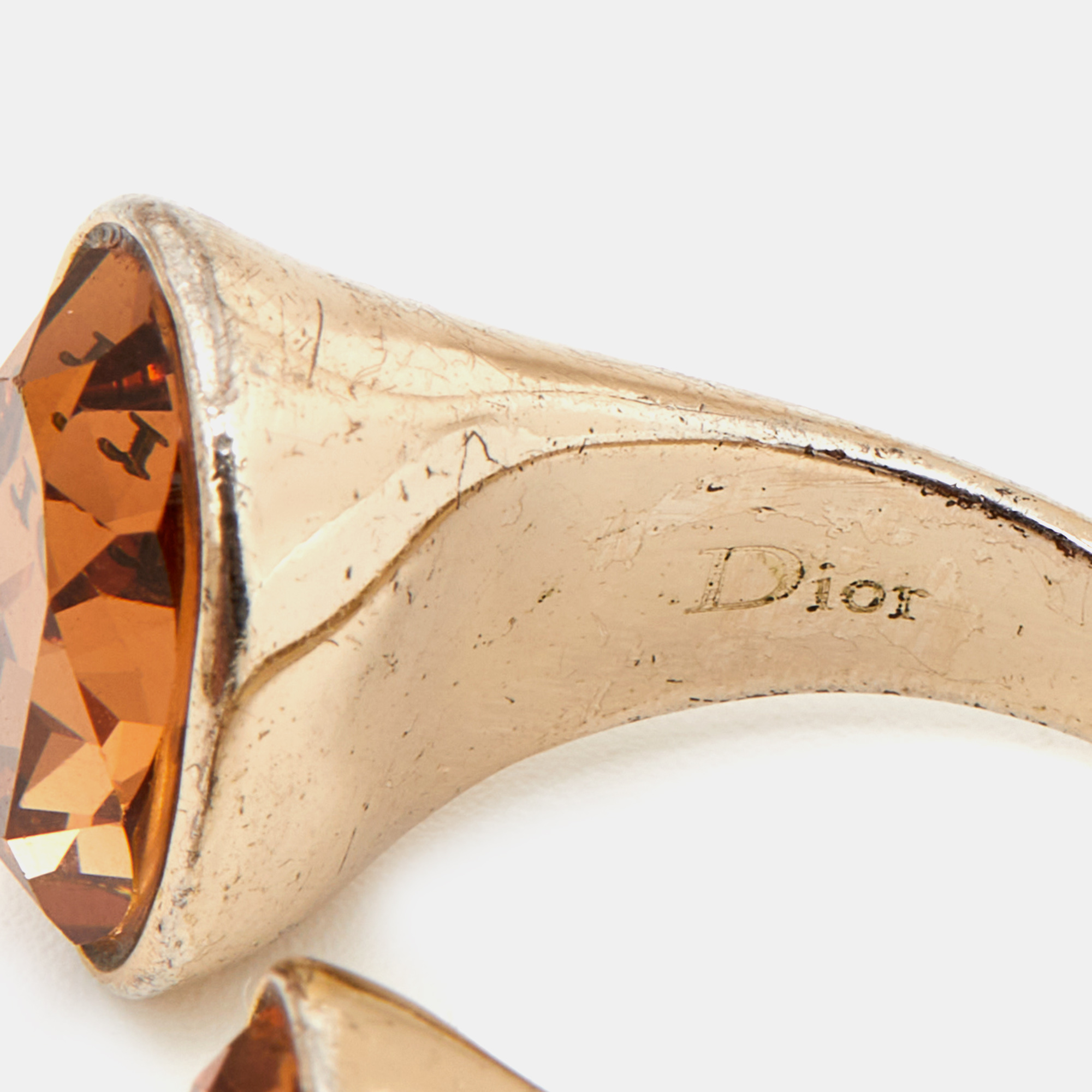 Dior Crystal Gold Tone Open Ring Size 50.5