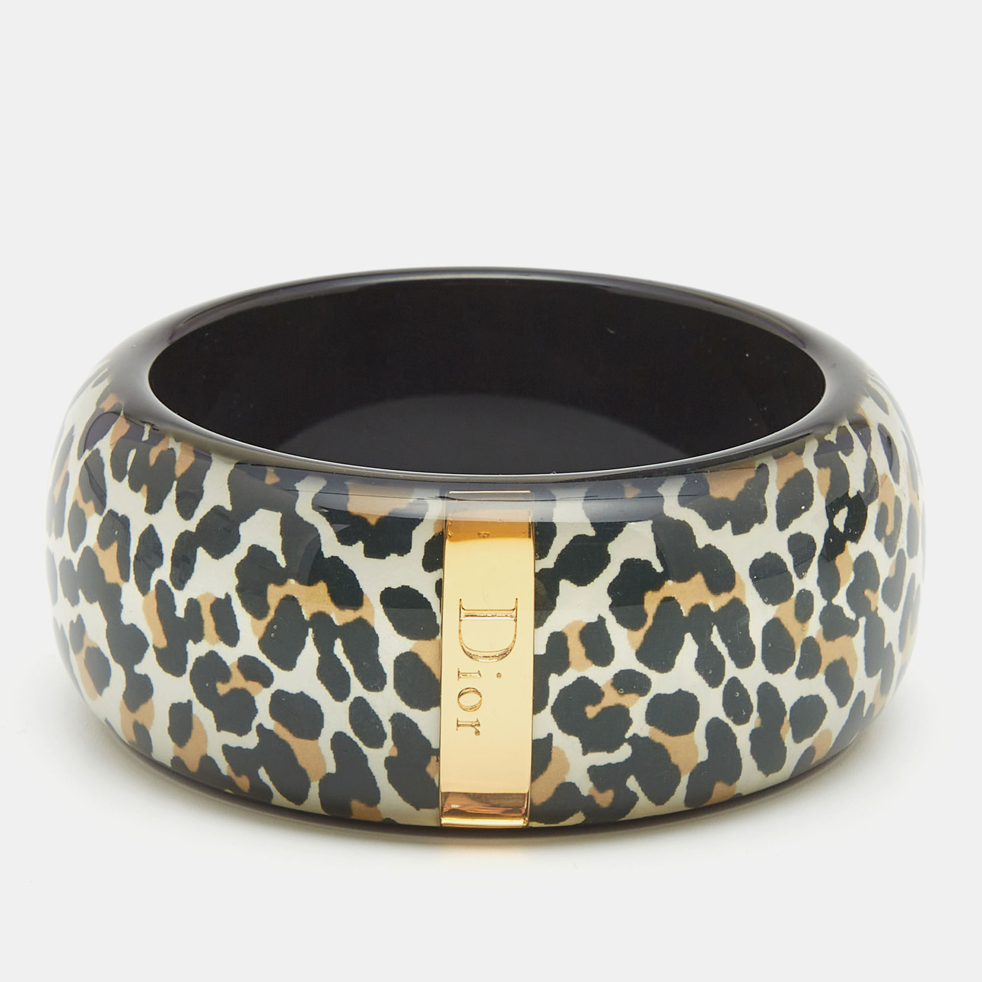 Dior Black Resin Acrylic Leopard Printed Bangle Bracelet