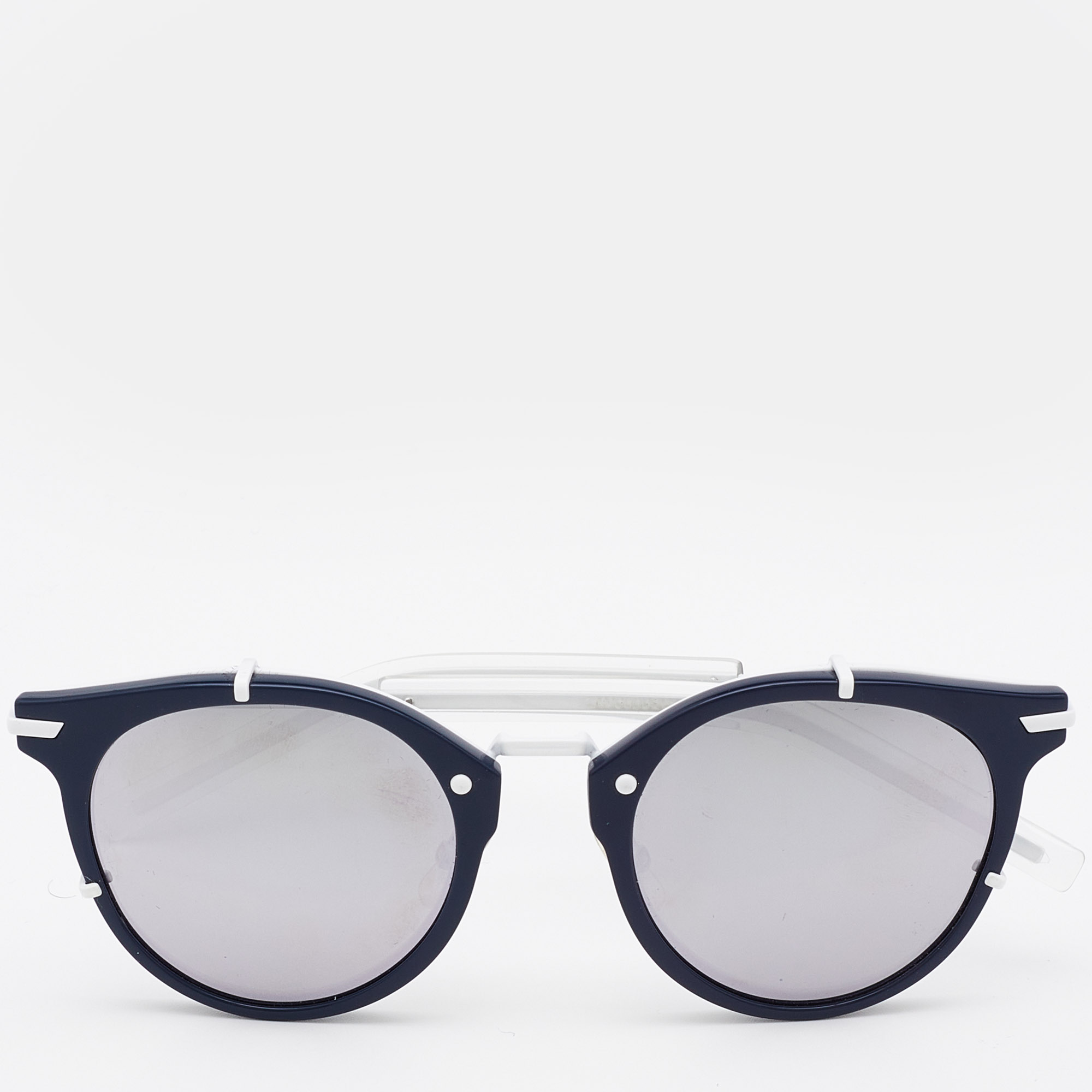 Dior Homme Navy Blue & White/ Black Mirrored DIOR0196S Round Sunglasses